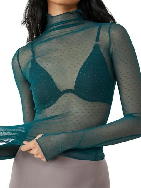 Women Sheer Mesh T-Shirts Mock Neck Long Sleeve Crop Tops Retro See Through