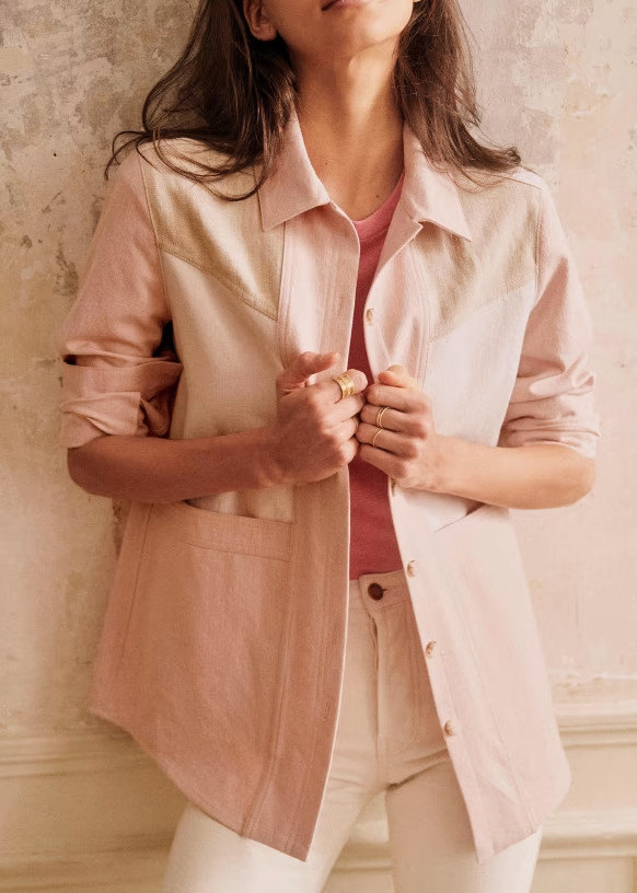 NWT Sezane Will in Ecru Rose Beige Patchwork Denim Chore Jacket XXS 2XS