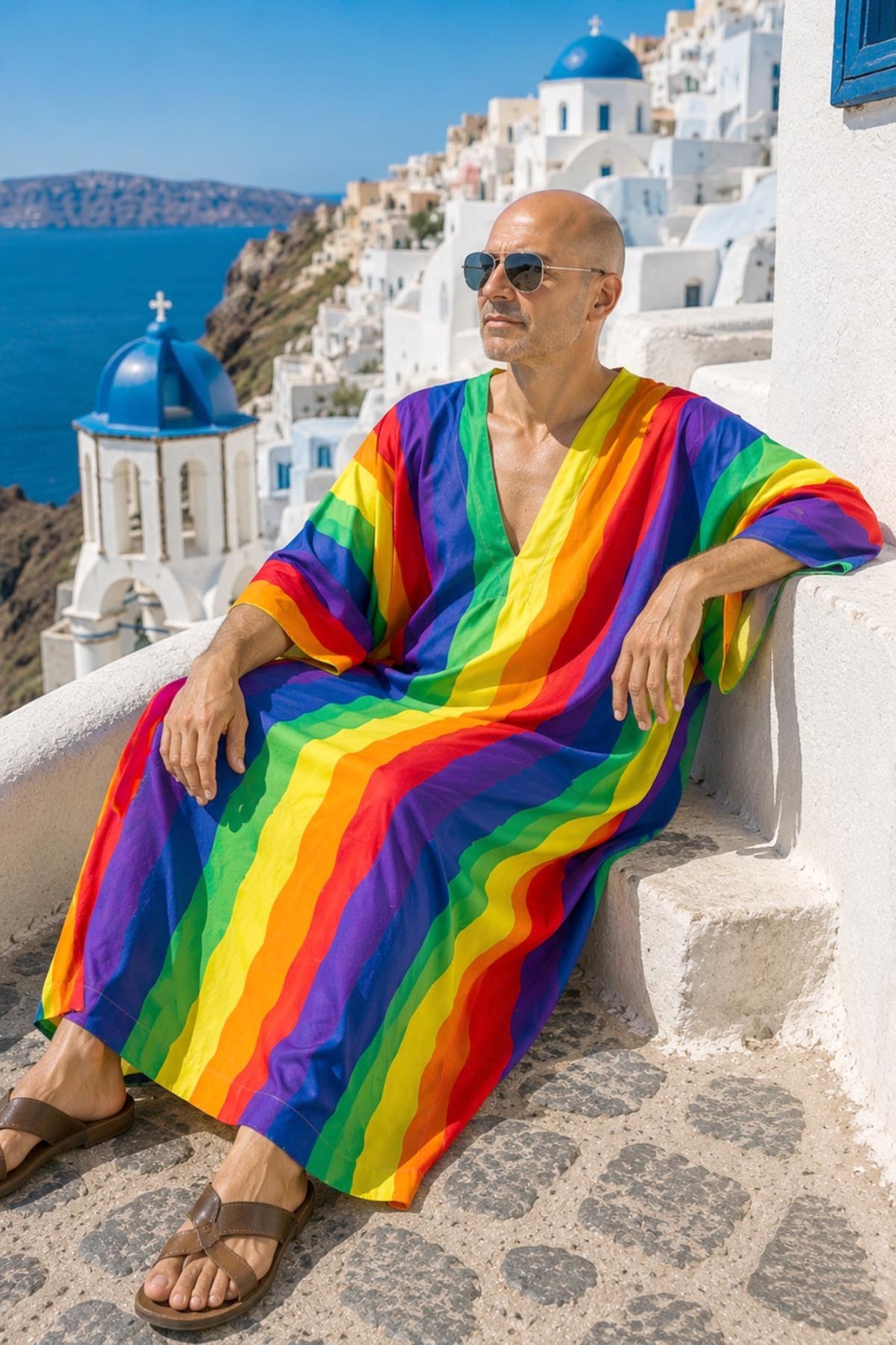 LGBTQ Gay Pride Kaftan Mens Rainbow Striped Resort Beach Boho Caftan Maxi Robe