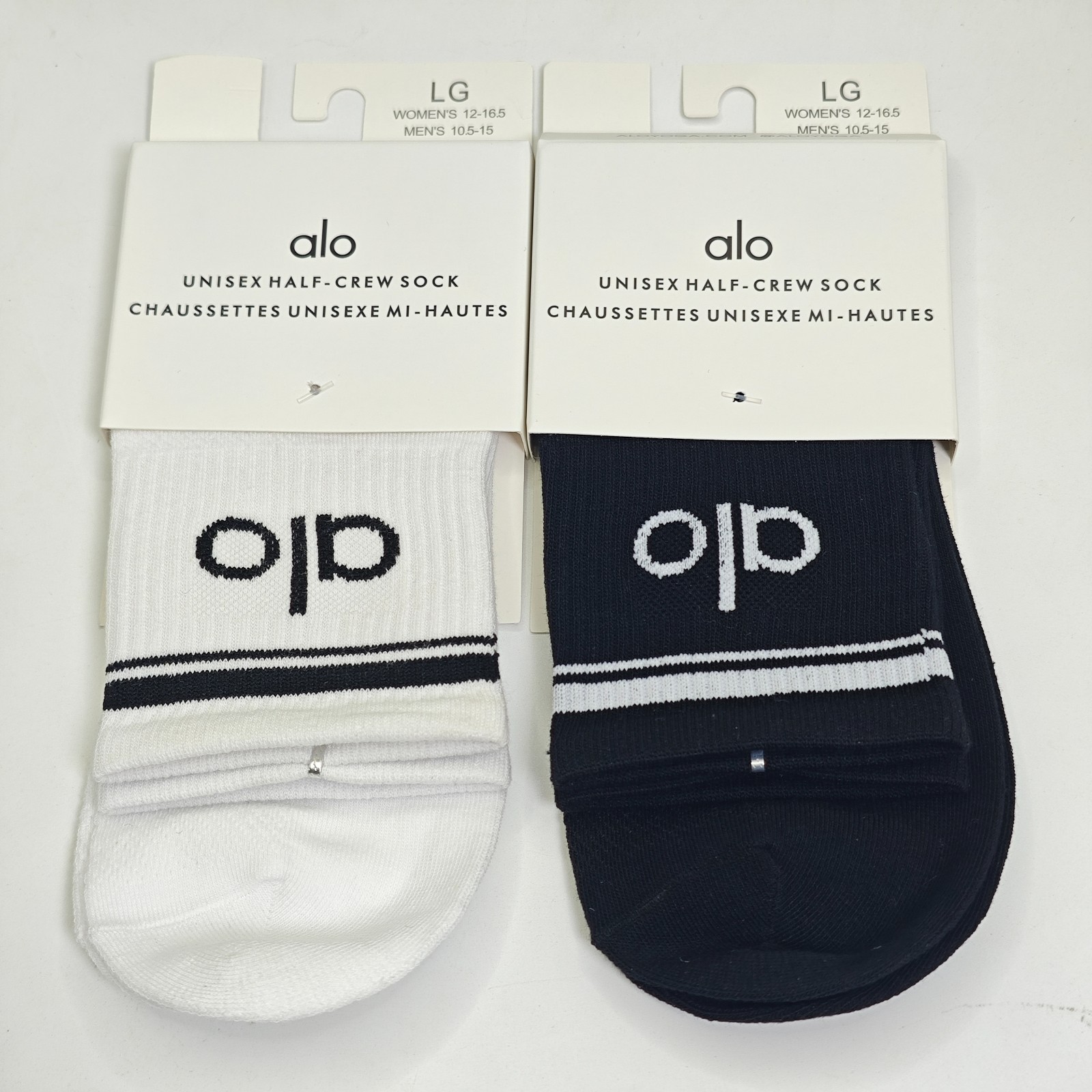 Alo Unisex Half Crew Socks Black White Size L 2 Pairs Bundle