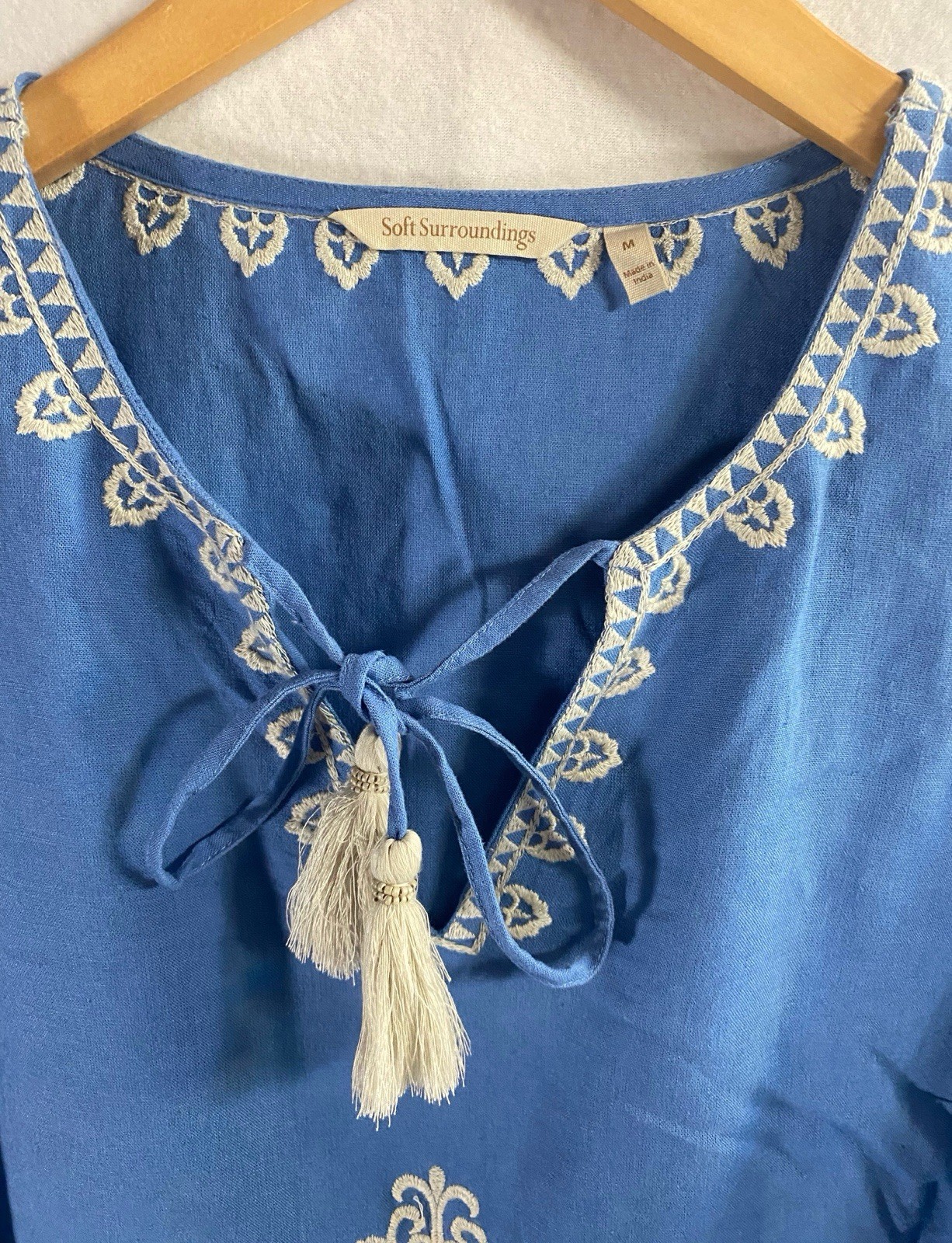 Soft Surroundings Embroidered Tie Tassels Cotton Gauze Tunic Top Blue Size M