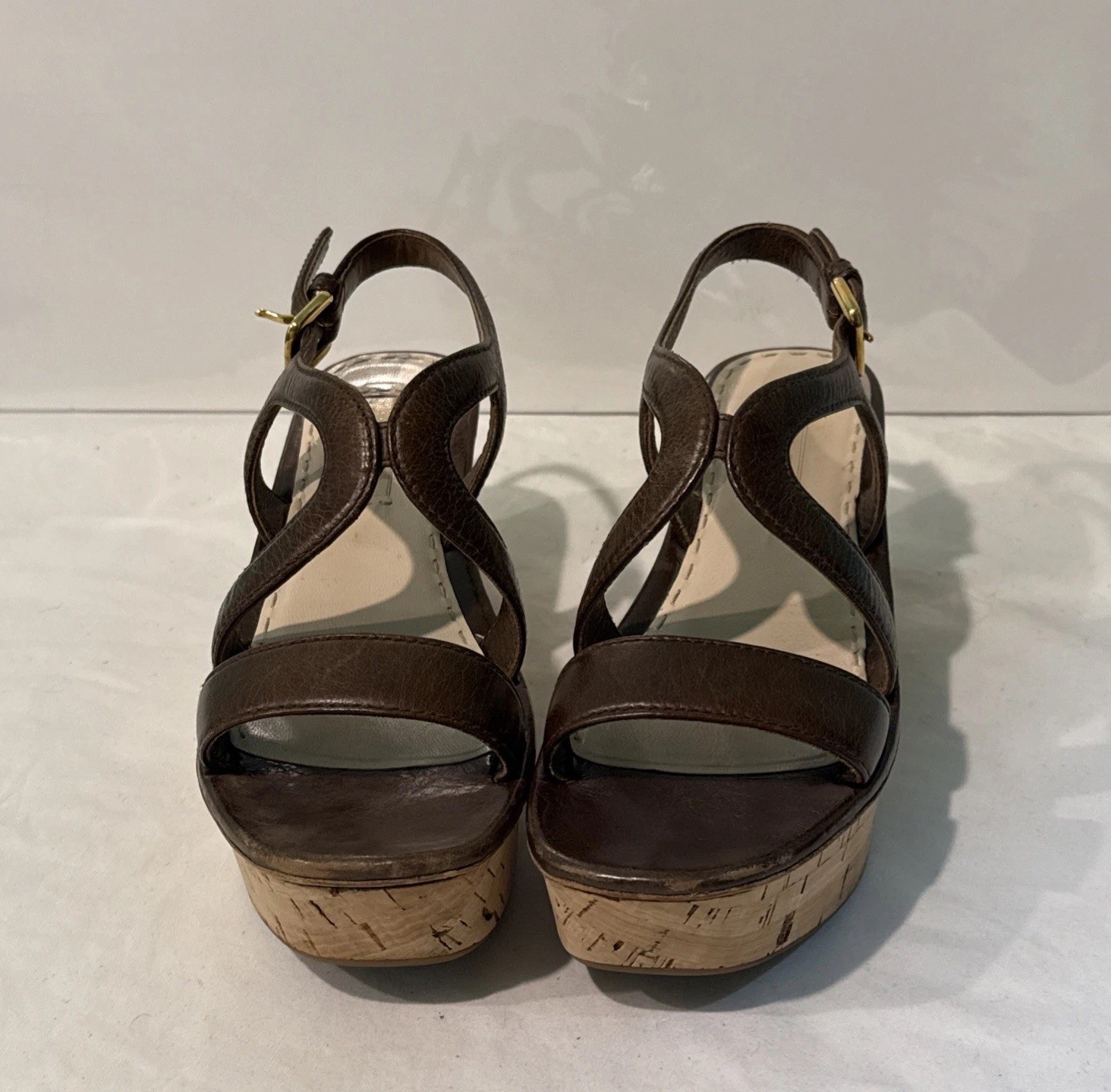 Prada Cork Brown Leather Wedge Sandals, Size 36