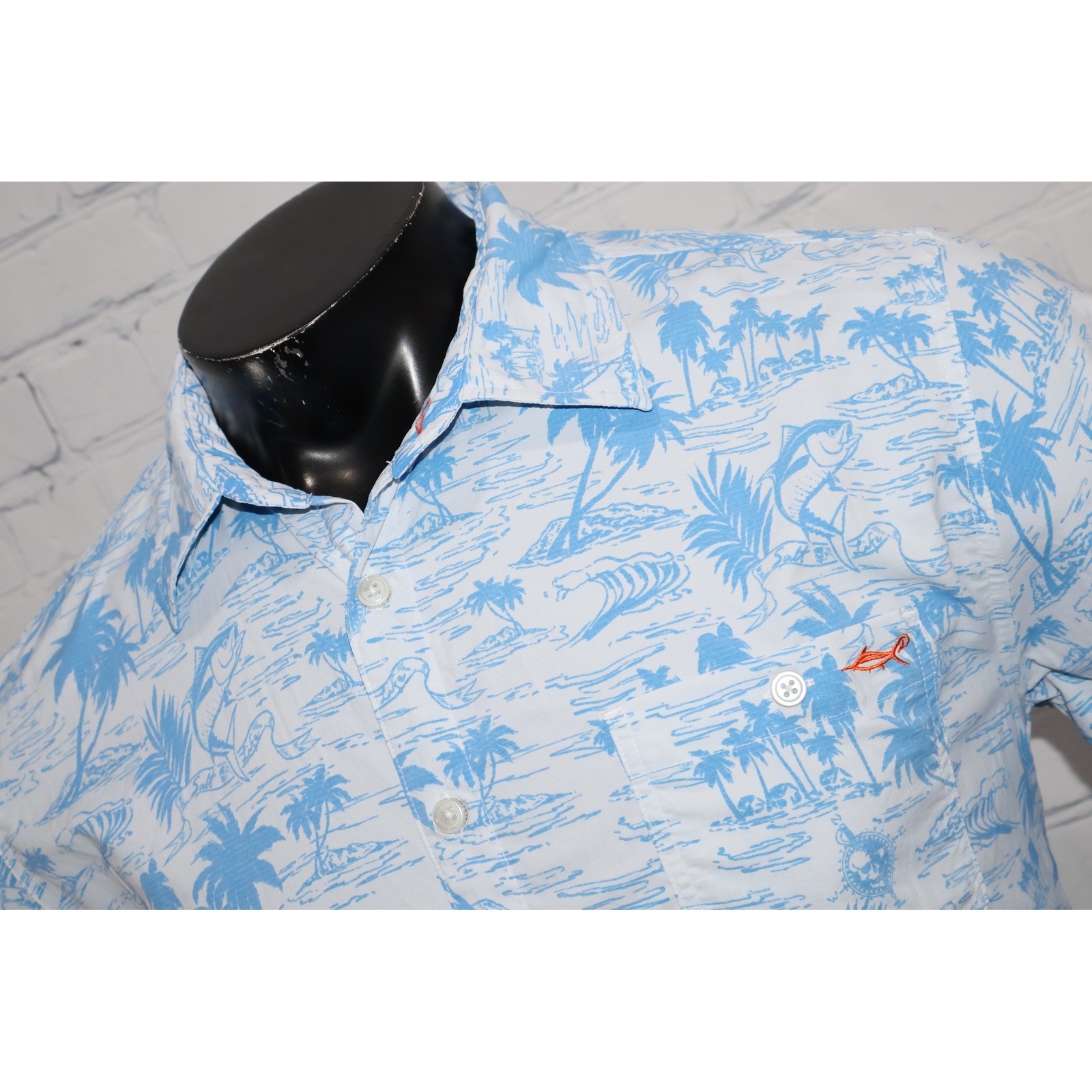 Salt Life SLX Performance Shirt Mens Medium Blue Toile Fishing Palm Tree Print