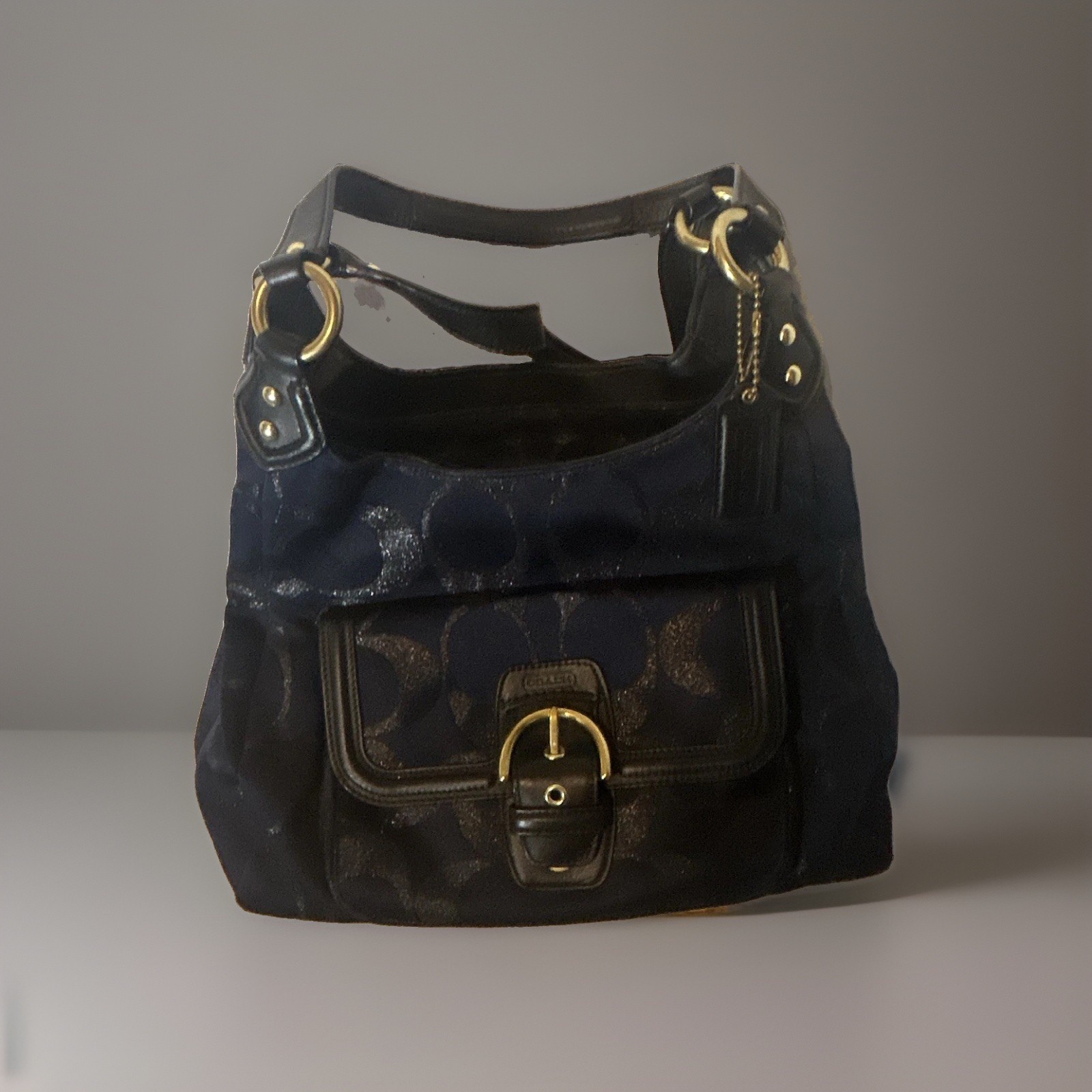 Coach Navy/Black Signature Logo Hobo Shoulder Bag Zip + Buckle Gold Pockets