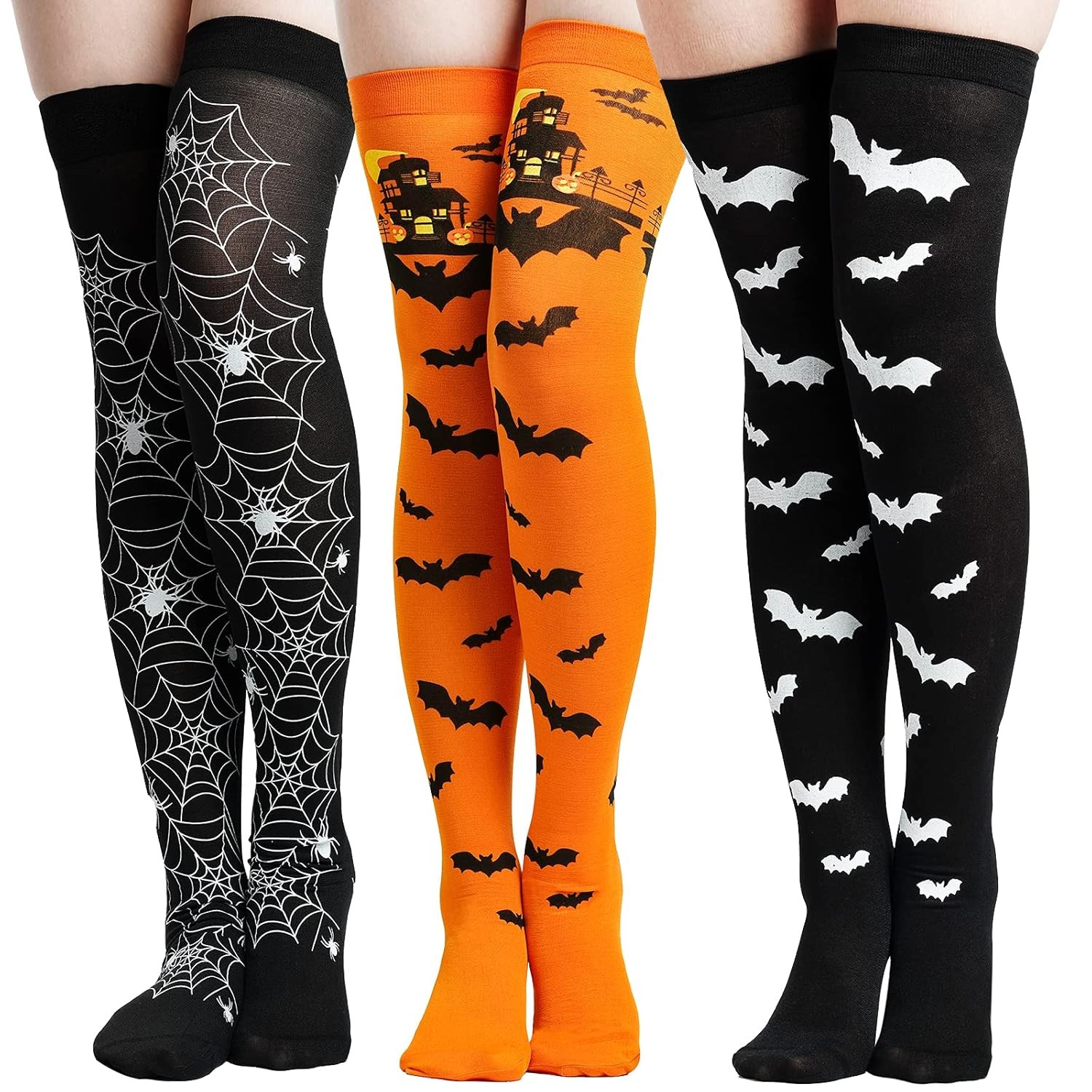 Thigh High Halloween Socks Long Over Knee Spider Bat Stockings 3 Pairs Hosiery