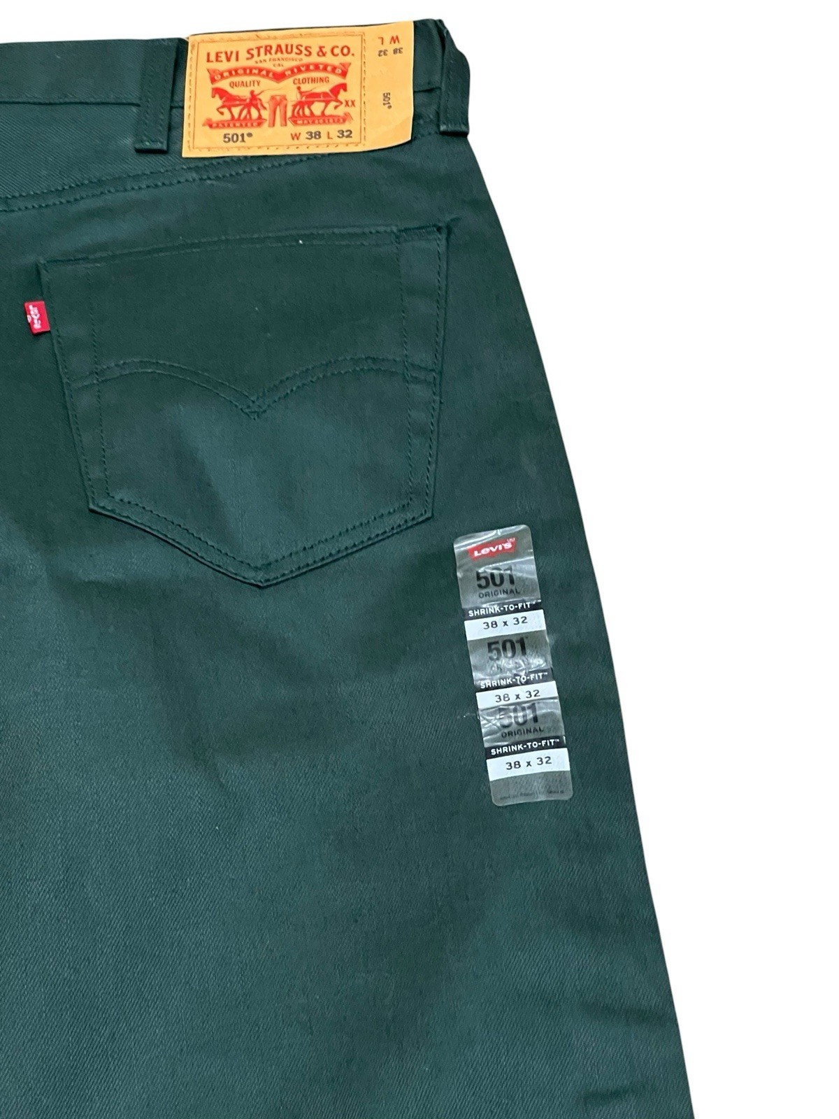 NWT Levis 501 Shrink To Fit Button Fly Straight Jeans 38×32 Olive Cotton