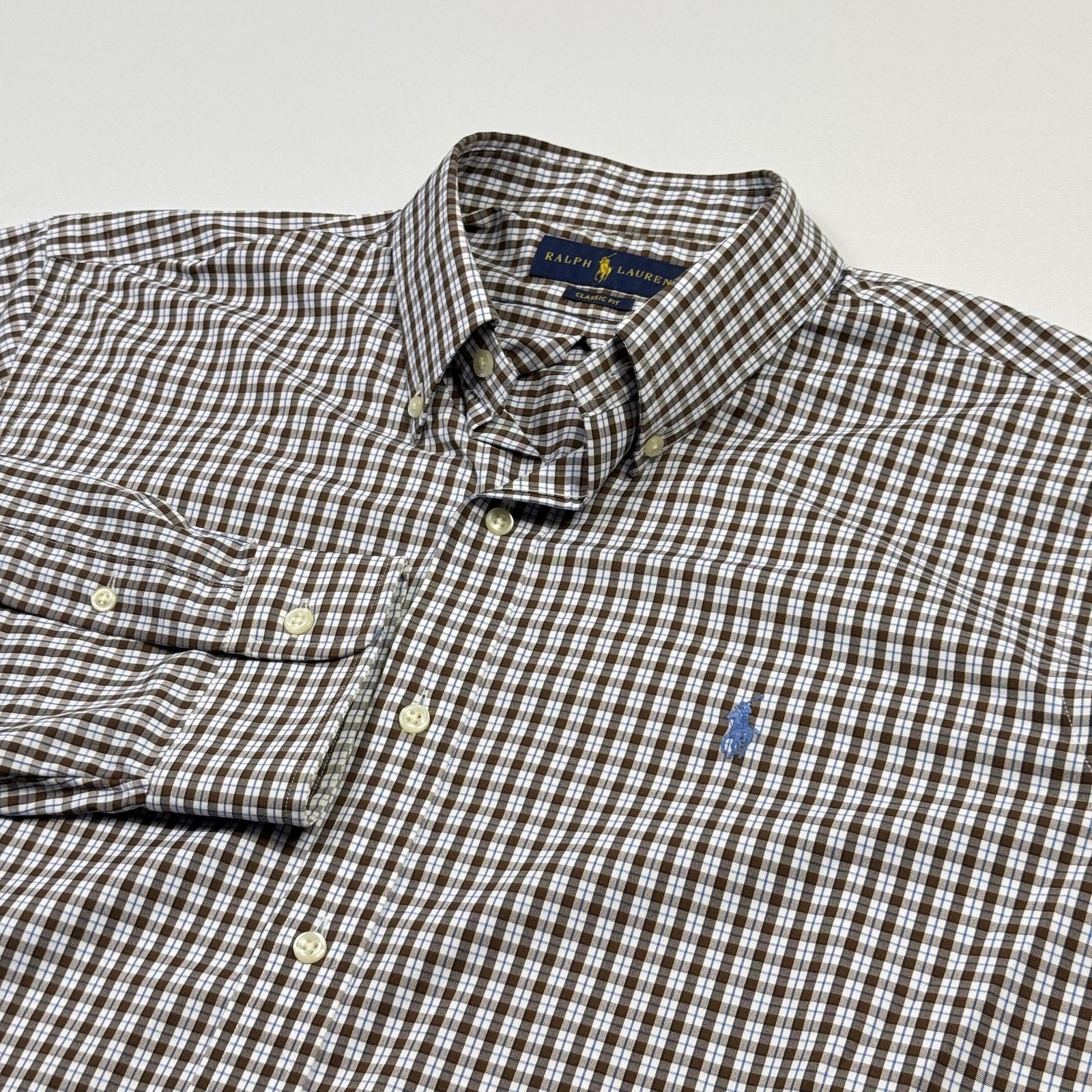 Ralph Lauren Button Shirt Mens Large Brown Blue Plaid Nylon Elastane Long Sleeve