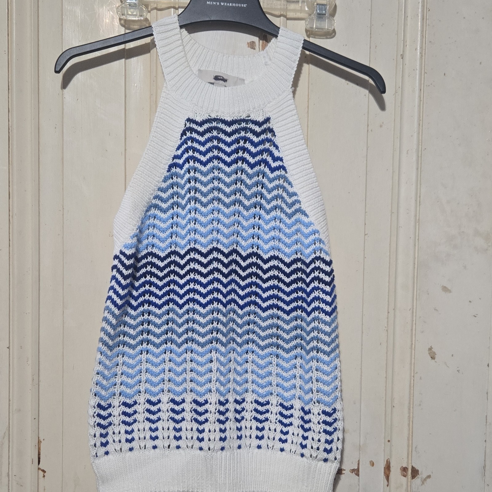 LOFT Women’s M Sleeveless High Neck Chevron Open-Knit Pullover Sweater Blue