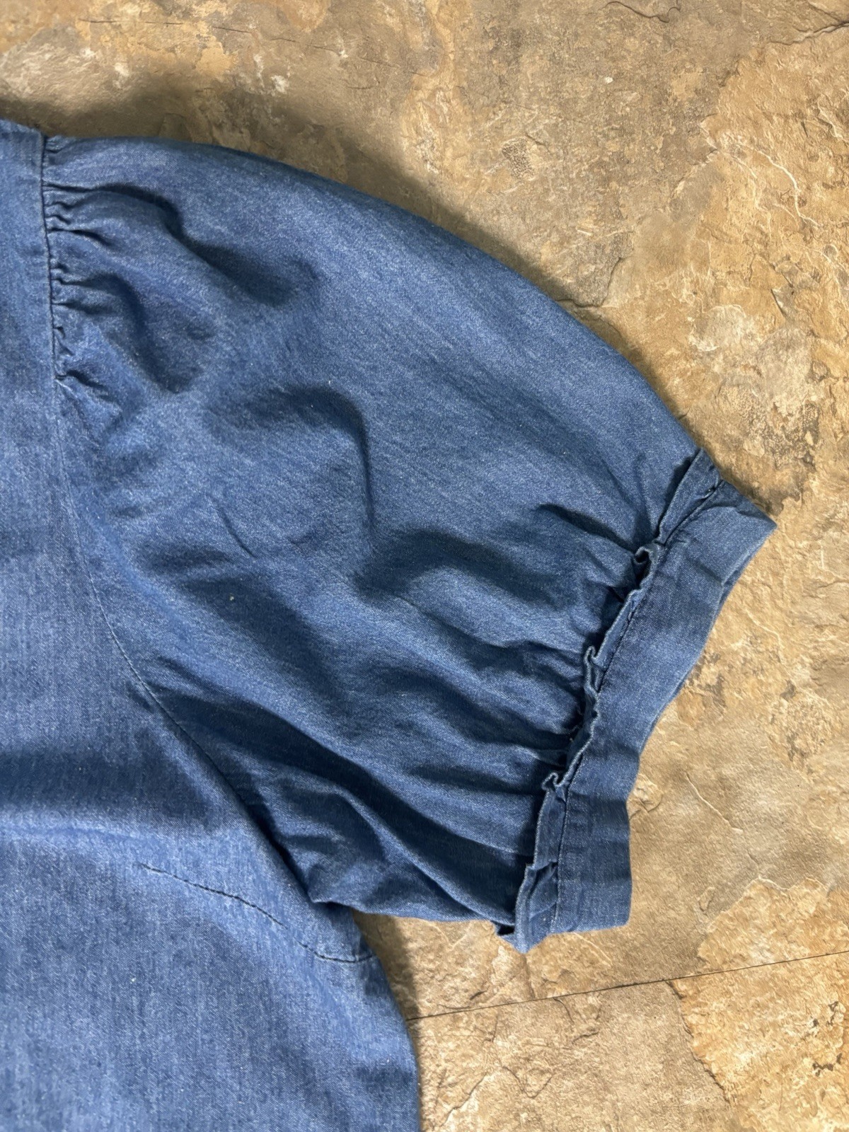 Womens Denim Chambray Top Blouse Puff Sleeve Western Casual Cowgirl XL Blue