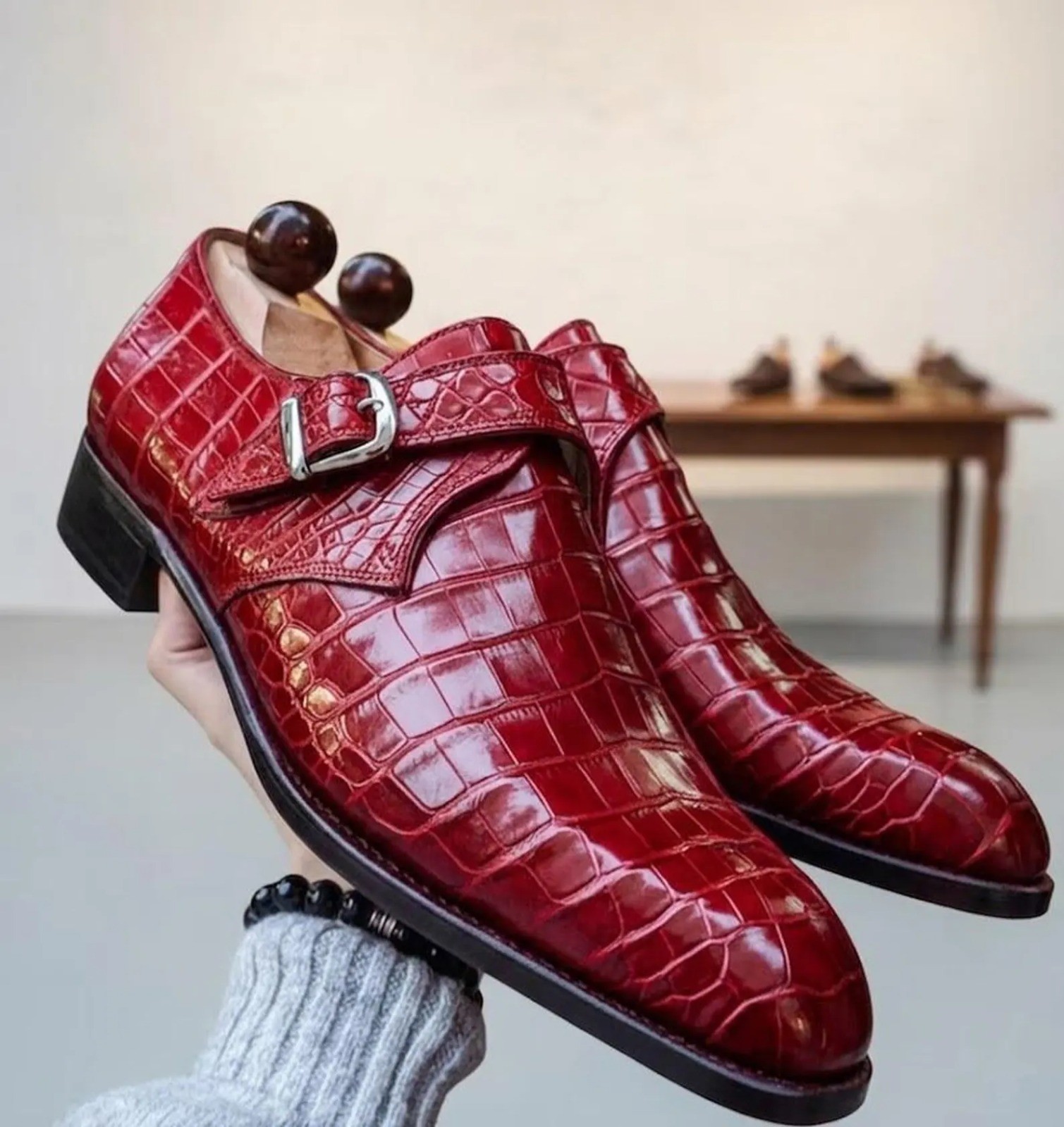 Premium Burgundy Crocodile-Embossed Leather Monk Strap Shoes