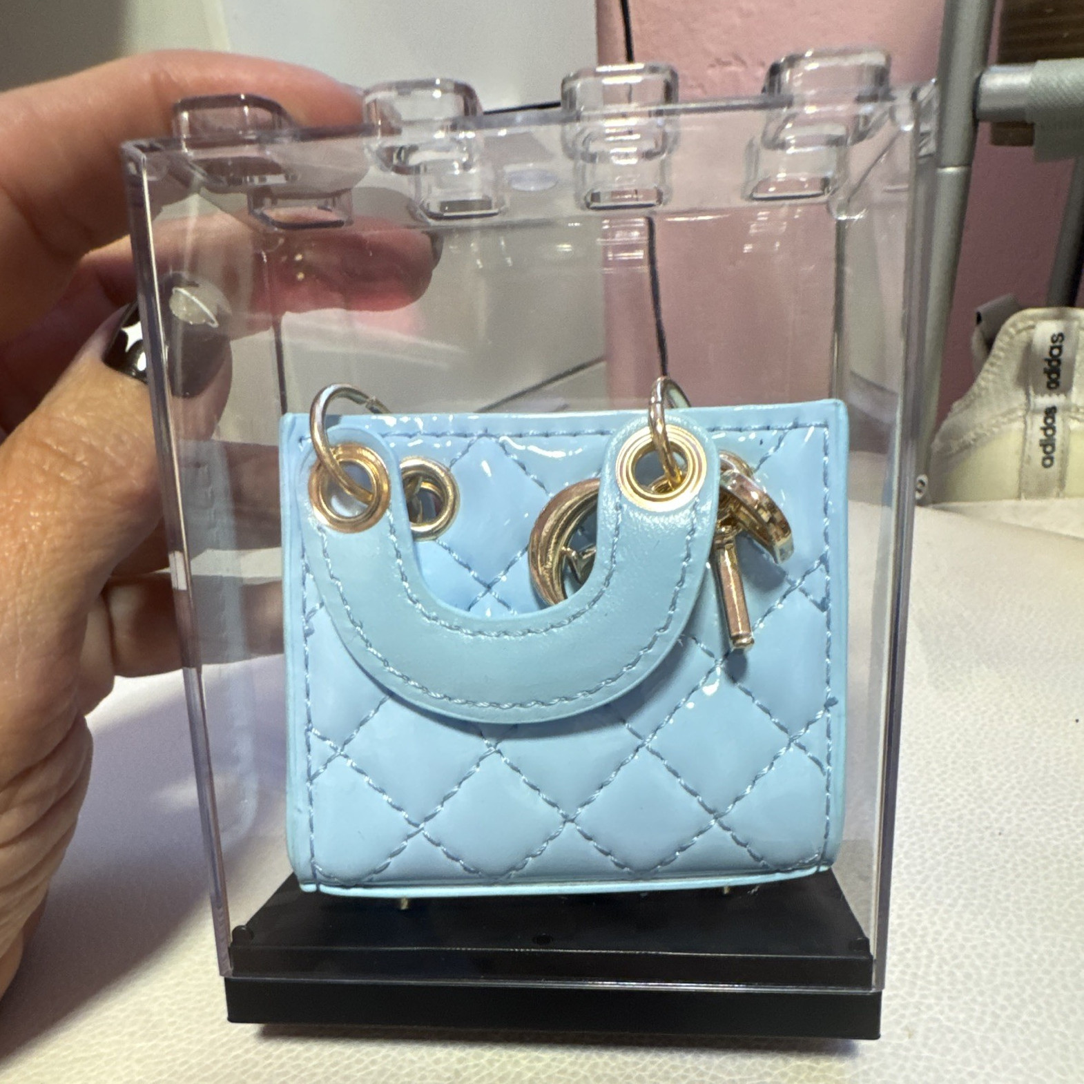 Quilted Mini Handbag Key Chain Bag Charm w/ Keyring, Faux Leather, Blue Gold