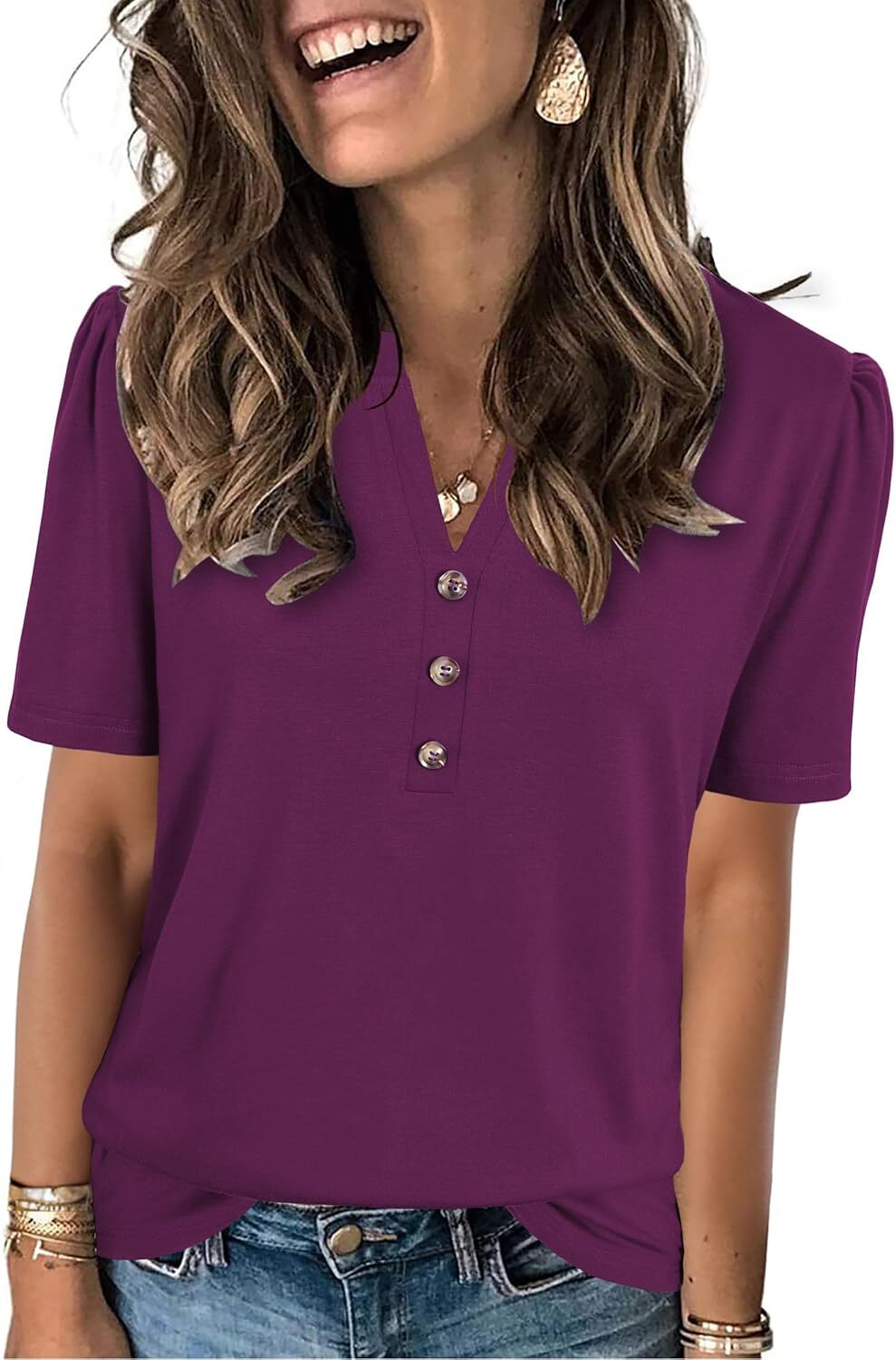 Short Sleeve Womens Casual Shirt Loose Fit V Neck Summer Top Soft Breathable