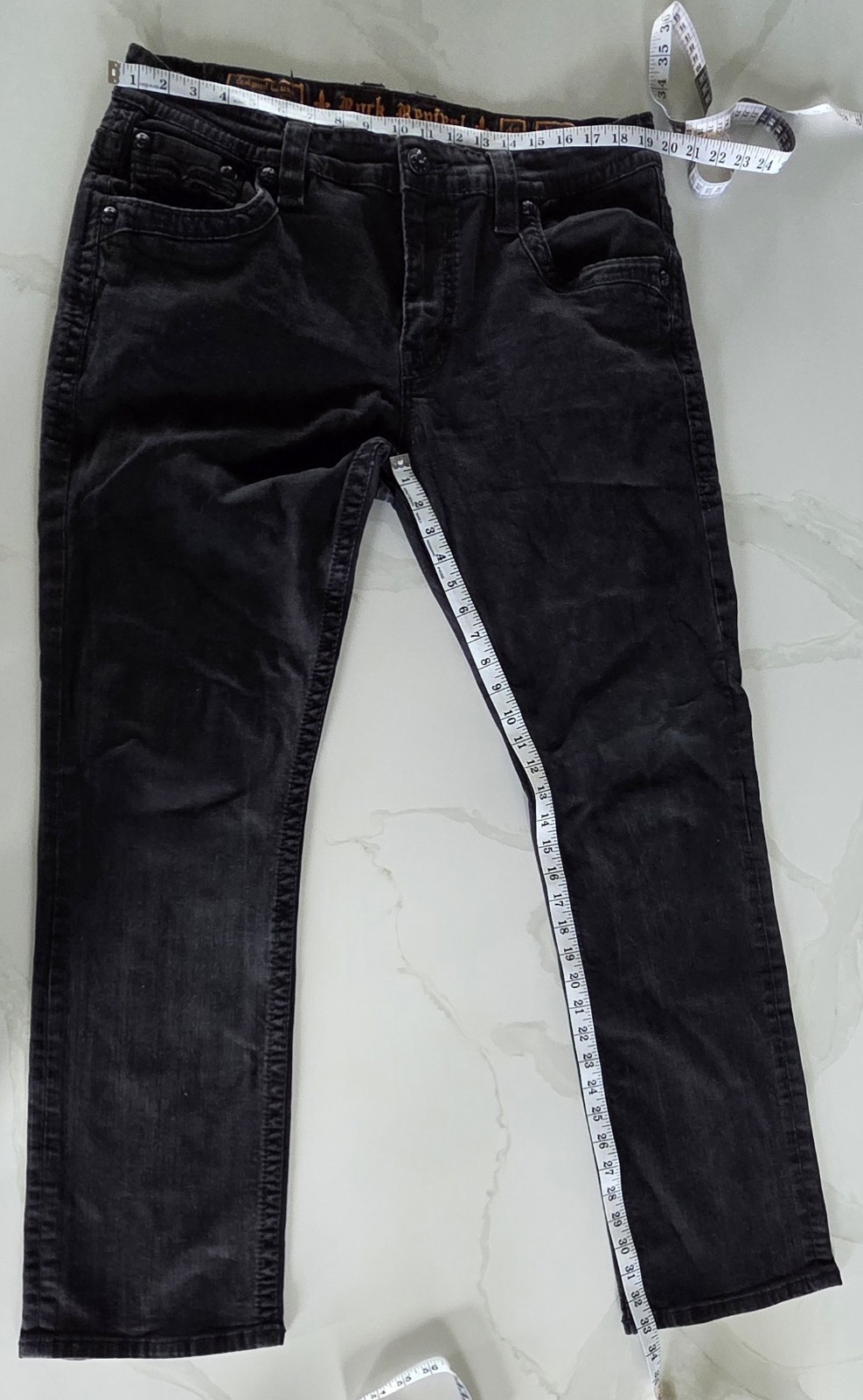 Rock Revival Men’s Kemel Straight Jeans 42×33 Embellished Pockets Dark Wash