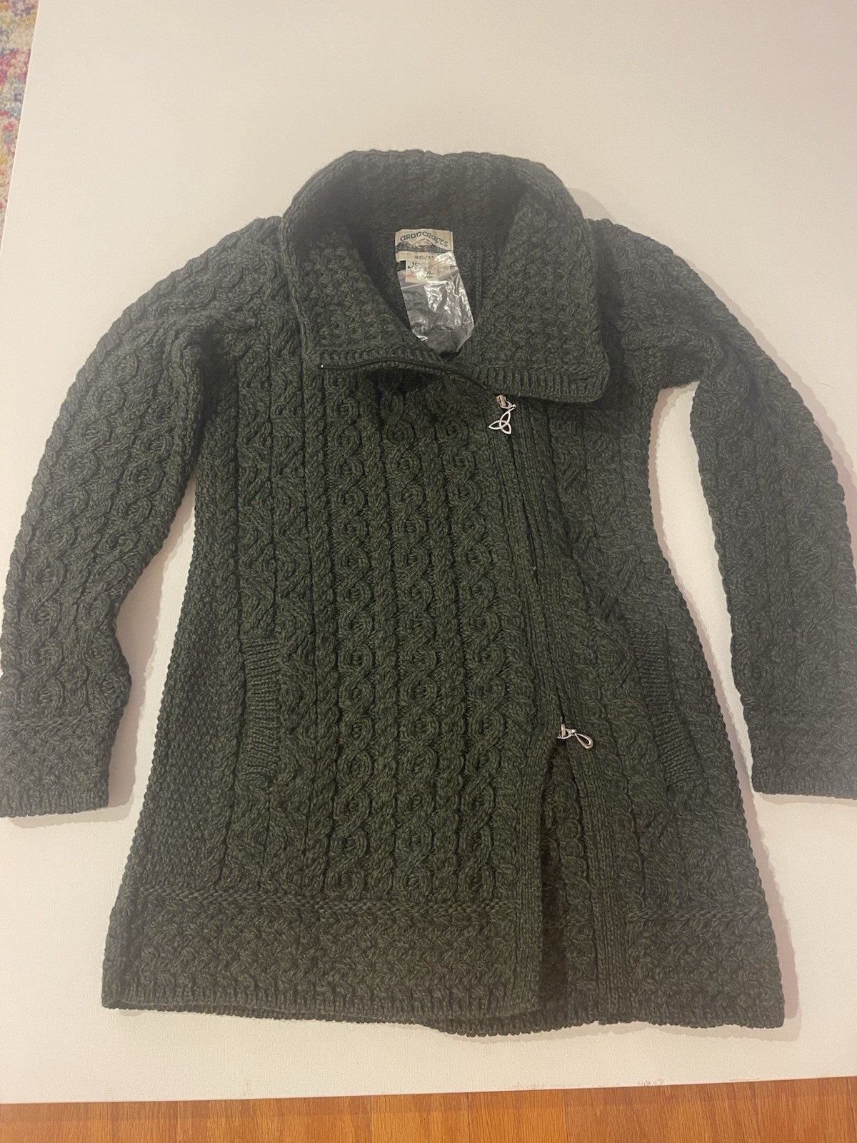 Aran Crafts Ireland 100% Merino Wool Cable Knit Zip Cardigan Sweater XS Green