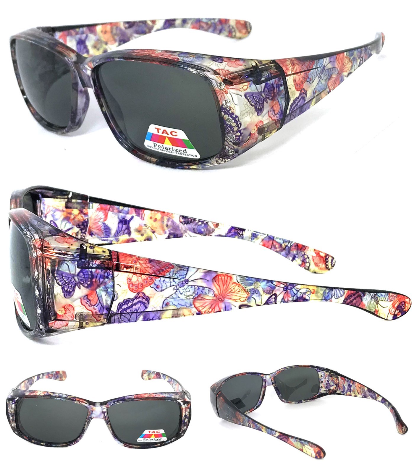 Womens Polarized FIT OVER Sunglasses Cover Rx Glasses Rhinestones Trans Purple