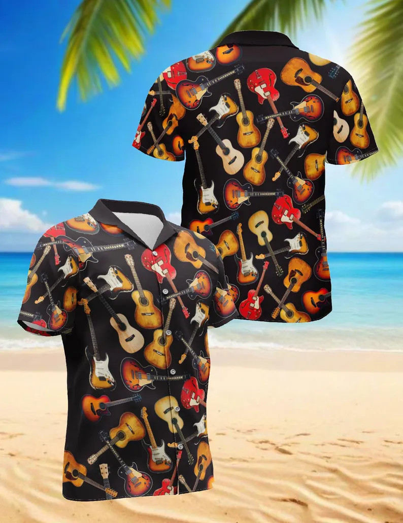 Mens Guitar Music Print Hawaiian Shirt Aloha Beach