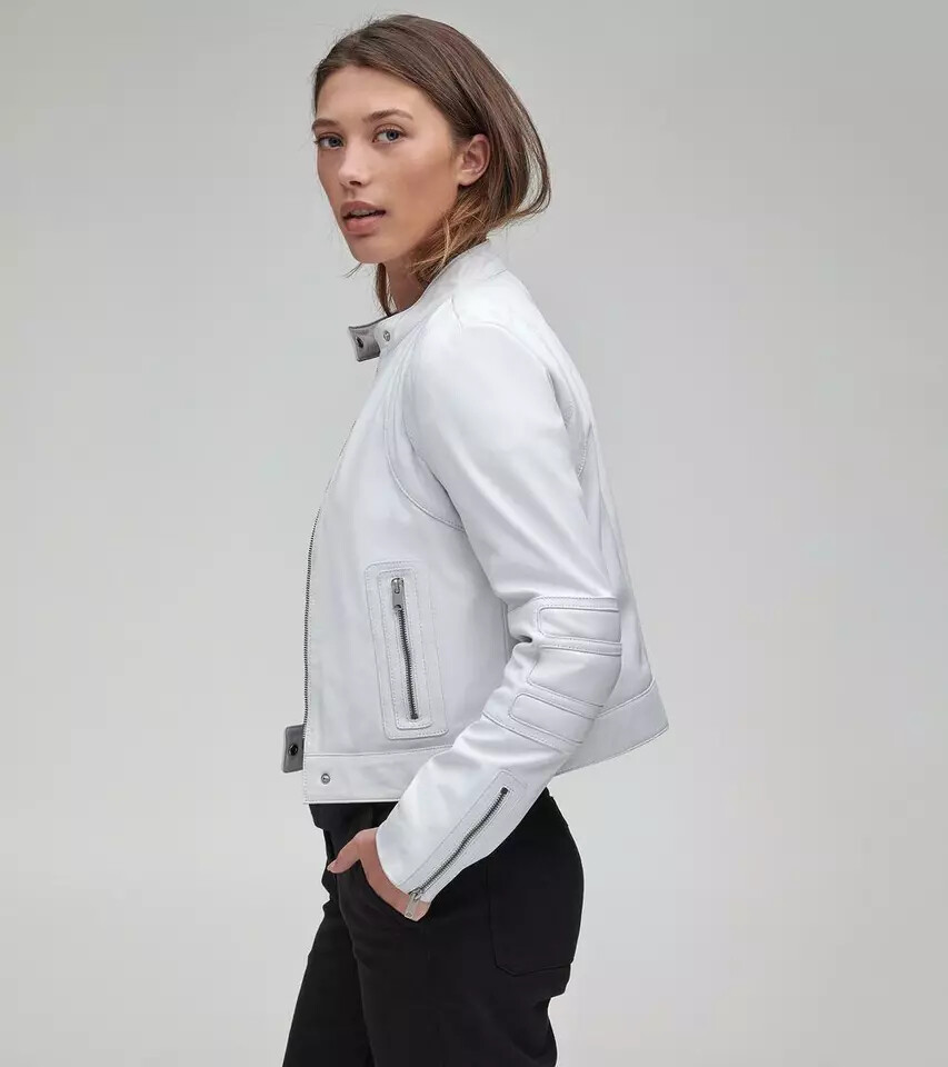 White Leather Jacket Women Biker Moto Pure Lambskin Size XS S M L XL XXL