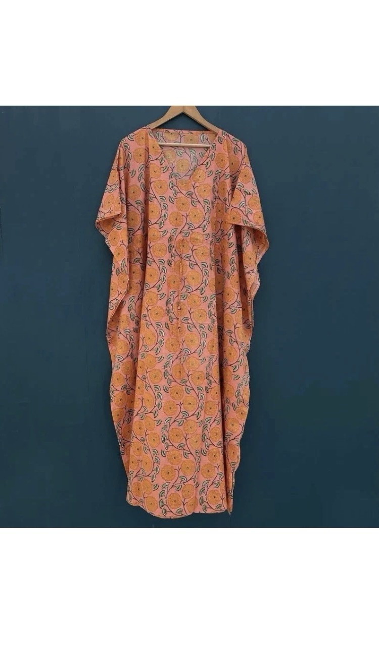 Indian Vintage 100% Cotton Long Beach Maxi Kaftan Dress One Size Caftan Kimono