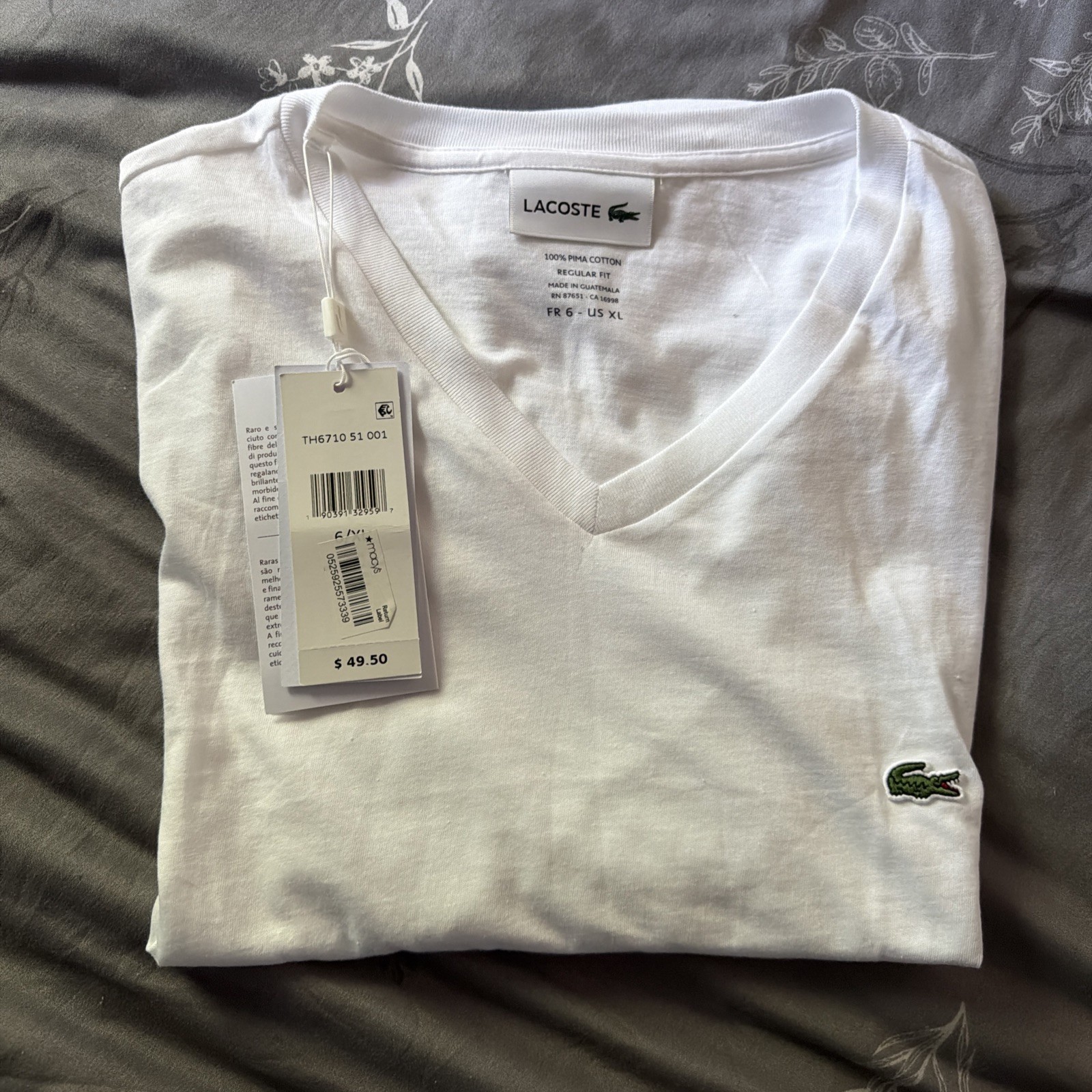 Lacoste Blue V-Neck Logo Solid Cotton Jersey Tee Men’s L Regular Fit