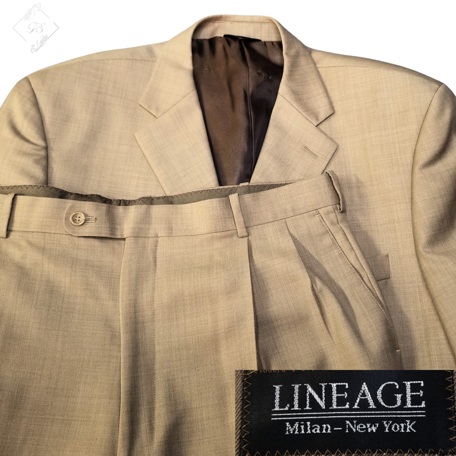 Vintage Lineage 46R 2 Piece Merino Wool 3 Button Gold Sharkskin Suit 38″ Pants