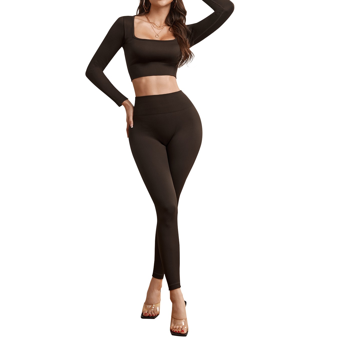 High-Waisted 2-Piece Workout Set Women’s Long Sleeve Top & Leggings for Yoga/Gym