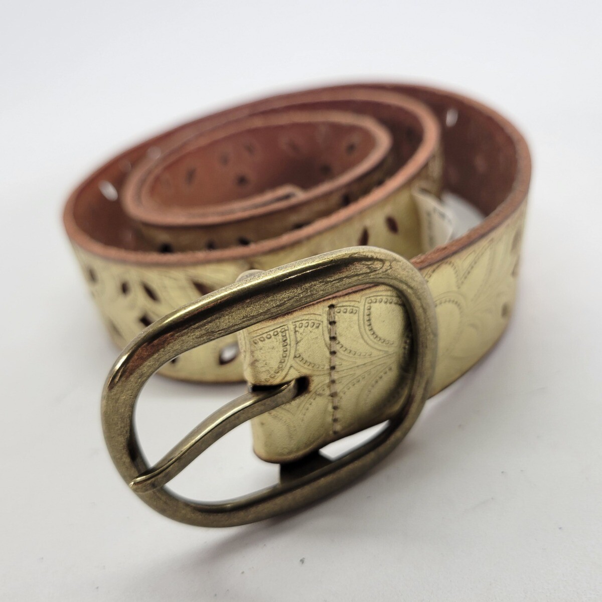 Fossil Leather Belt 30 32 34 M Flower Cut Out Gold Metallic BT3869546M