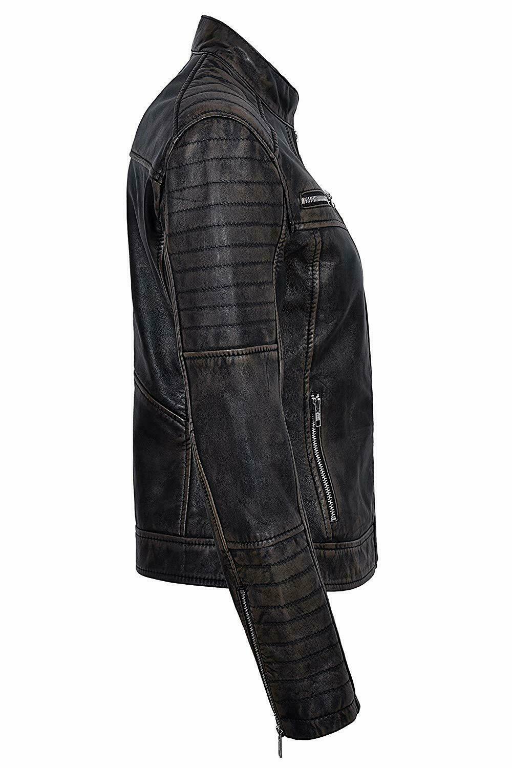Women Cafe Racer Moto Biker Distressed Black Leather Jacket Size S M L XL XXL