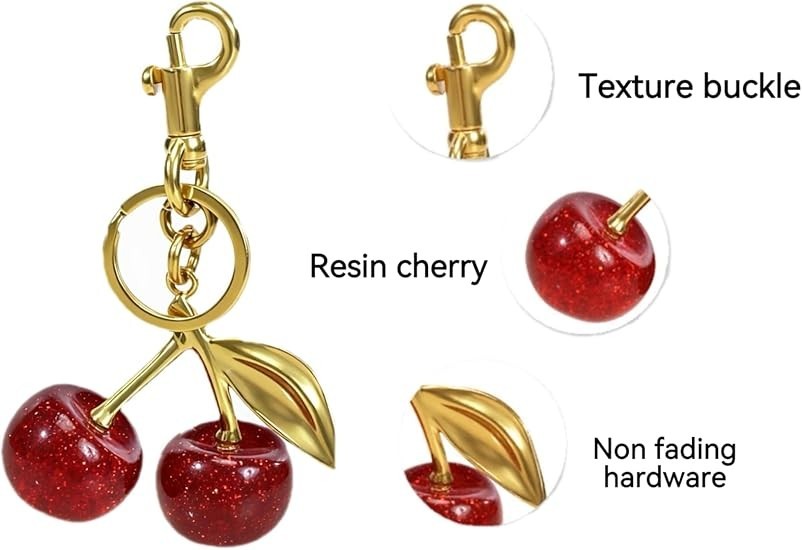 NEW Red Cherry Apple Bag Charm Keychain Resin Metal Brass Purse Decoration US