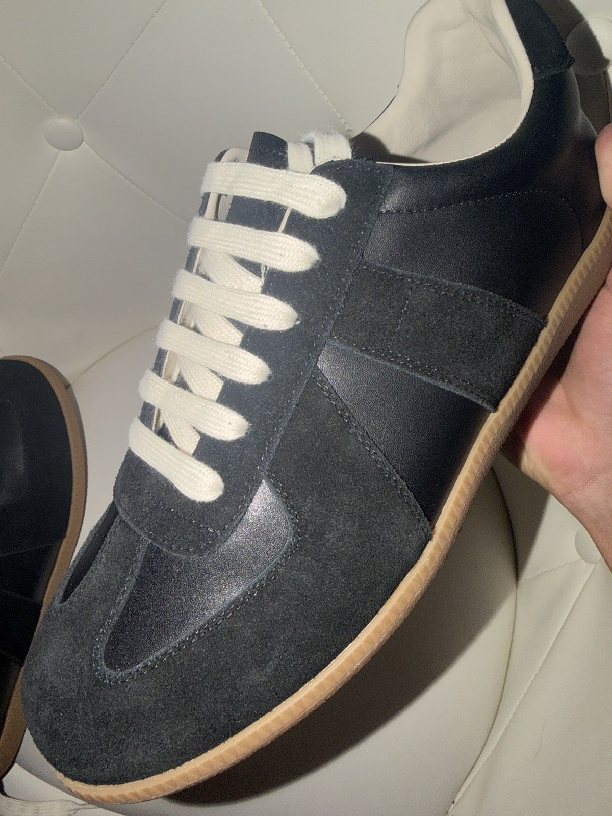 Maison Margiela Replica Low Top Lace-Up Leather Sneakers Black Rubber Sole