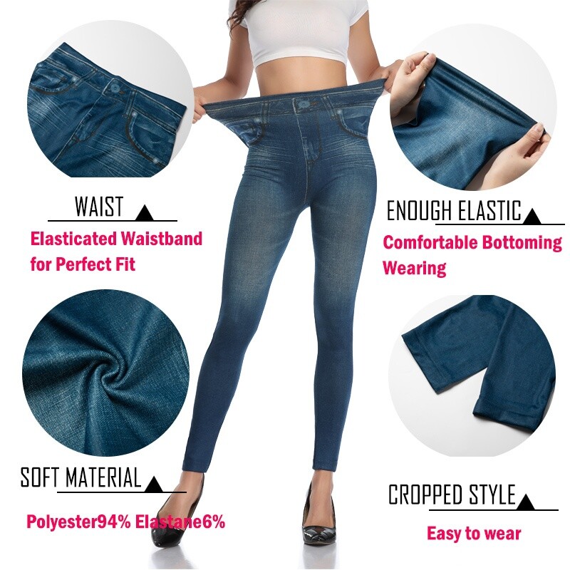 High Waist Jeggings Faux Denim Jeans Leggings Tummy Control Printed Pencil Pants