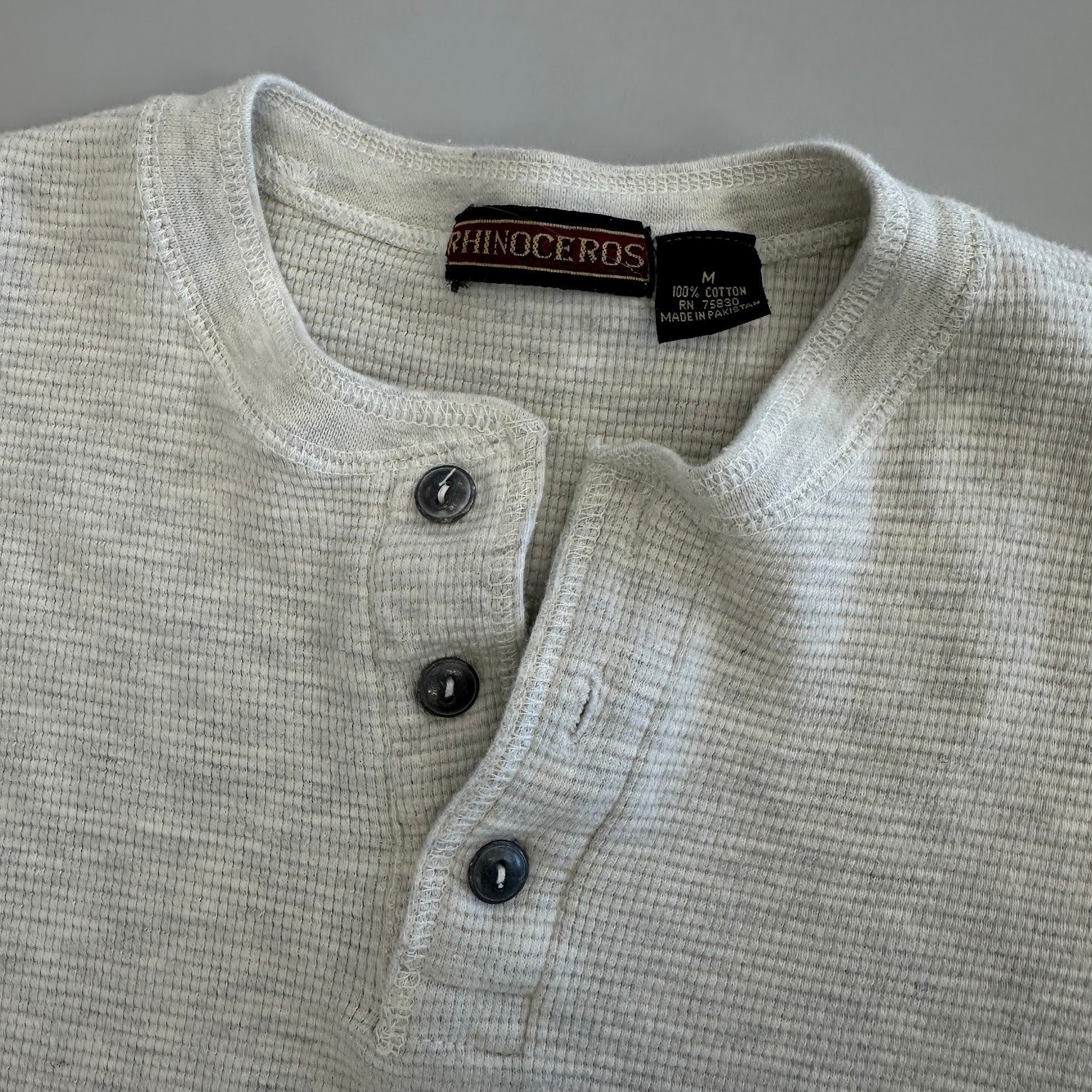 Rhinoceros Mens Henley Shirt Gray Thermal Waffle Knit Cotton Long Sleeve Size M