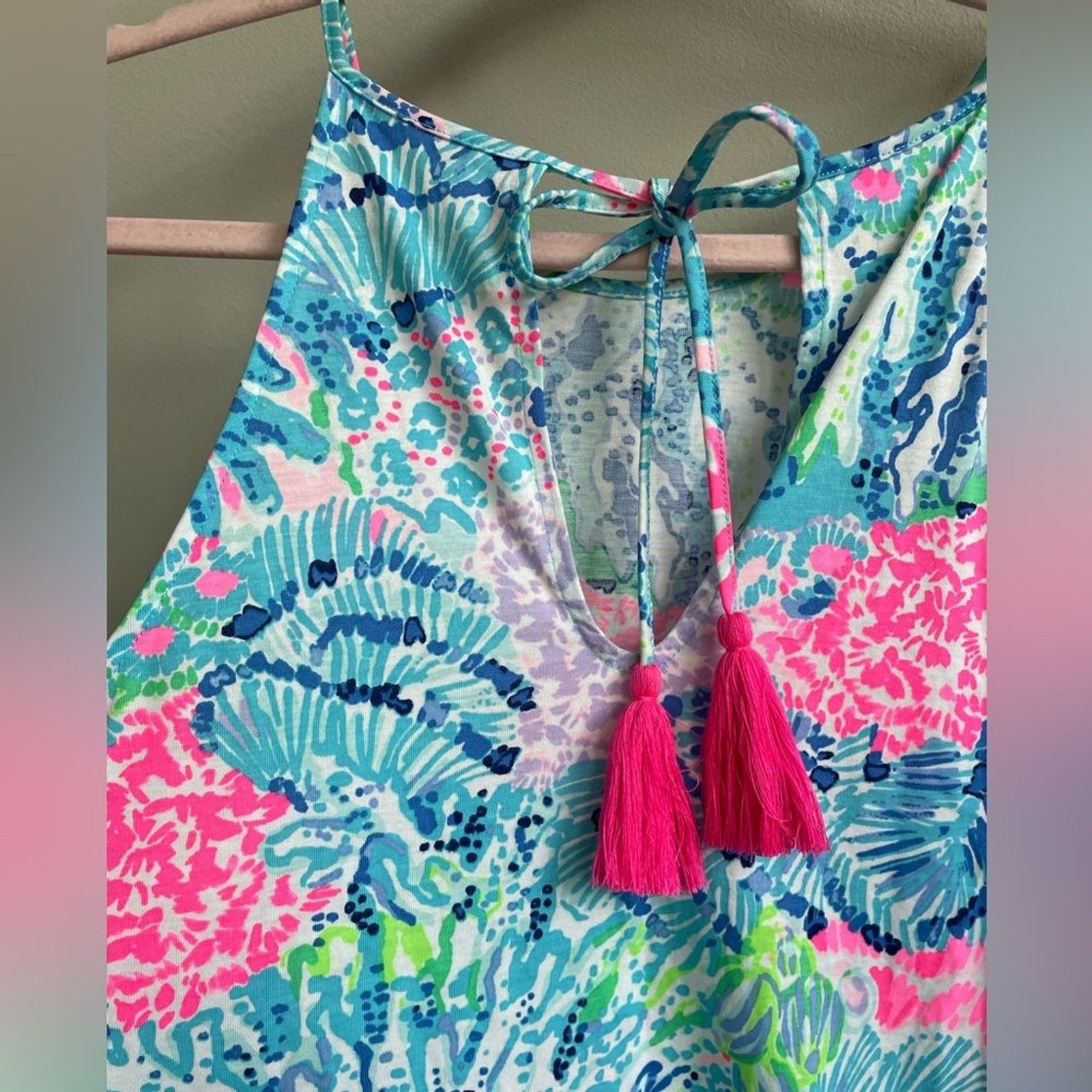 Lilly Pulitzer Margot Swing Dress Sink or Swim Blue Pink Coral Tassel Tie Back