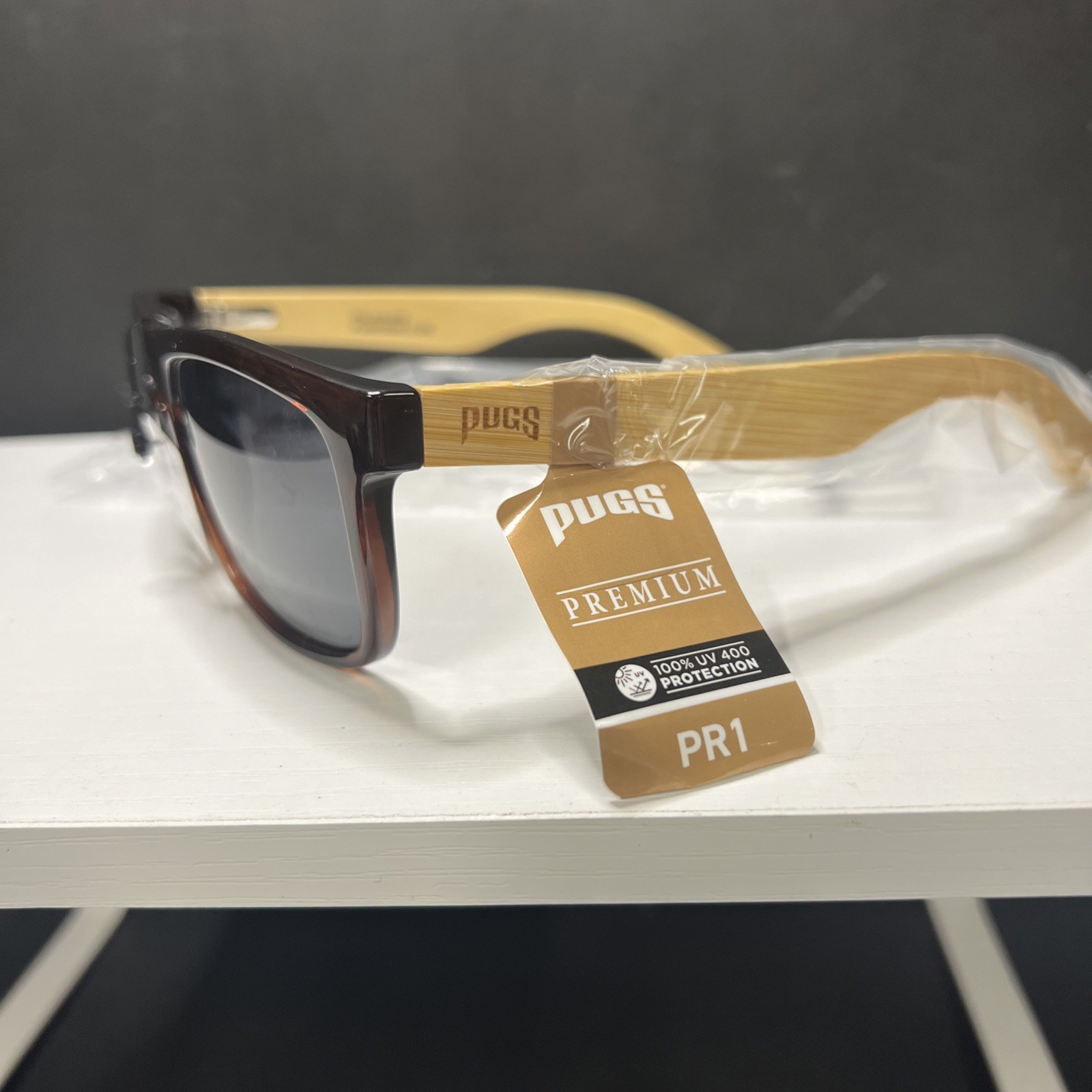 Pugs Premium PR1 Sunglasses with Brown/Bamboo Frame & Black Lenses New UV400