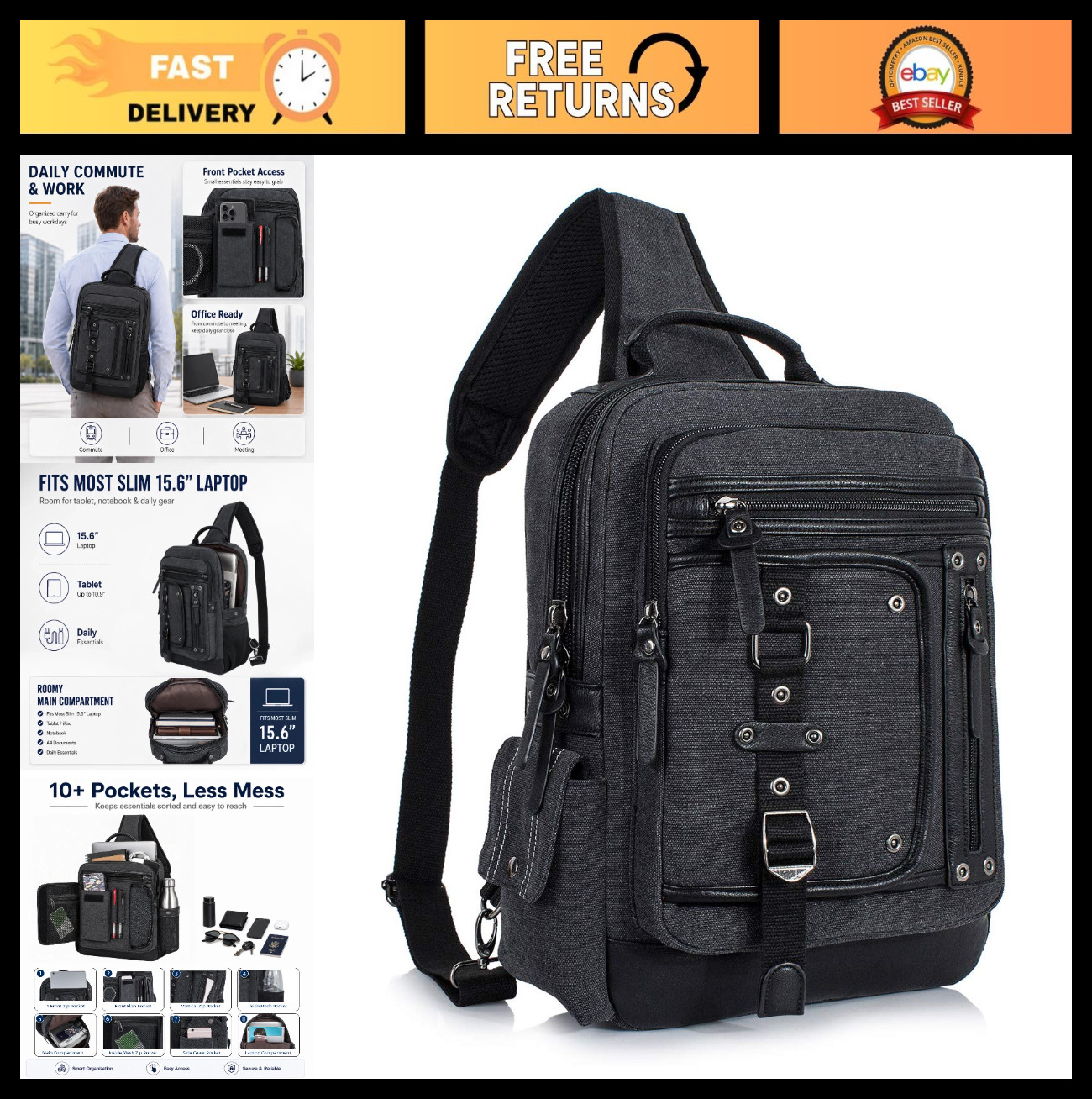 Large Canvas Crossbody Sling Bag for Men – Fits 15.6″ Laptop, Ideal for Work & C