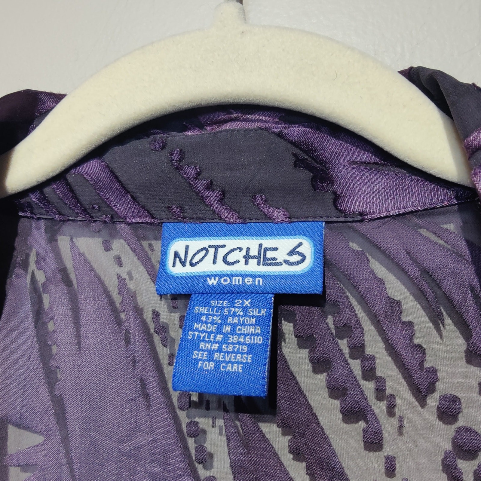 Notches Plus Sz 2X Purple Burnout Velvet Sheer Silk Button Up Shirt Art to Wear