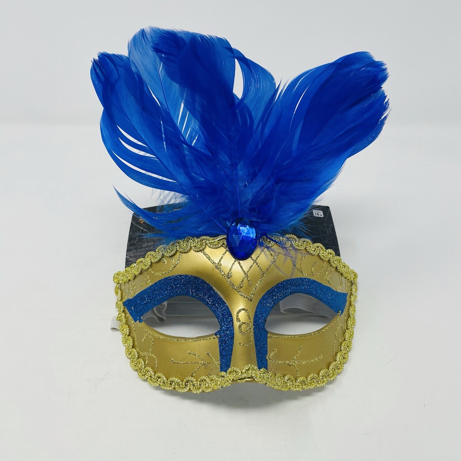 Spirit Halloween Womens Venetian Mask Gold Blue Glitter Detail Feathers Costume