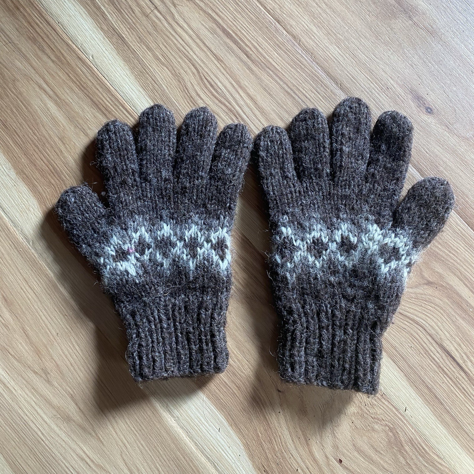 Vintage Wool Knit Gloves Brown Fair Isle Pattern Warm Winter Hand Wash Only