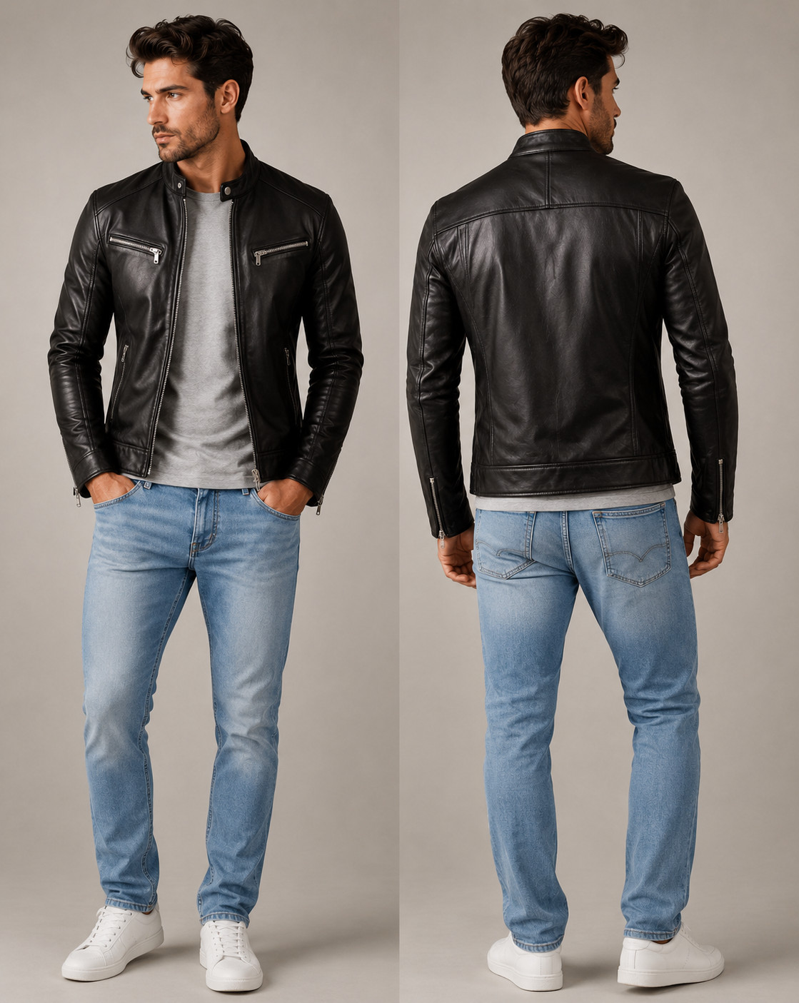 Men’s Black Genuine Leather Jacket Biker Slim Fit Zip Casual Jacket