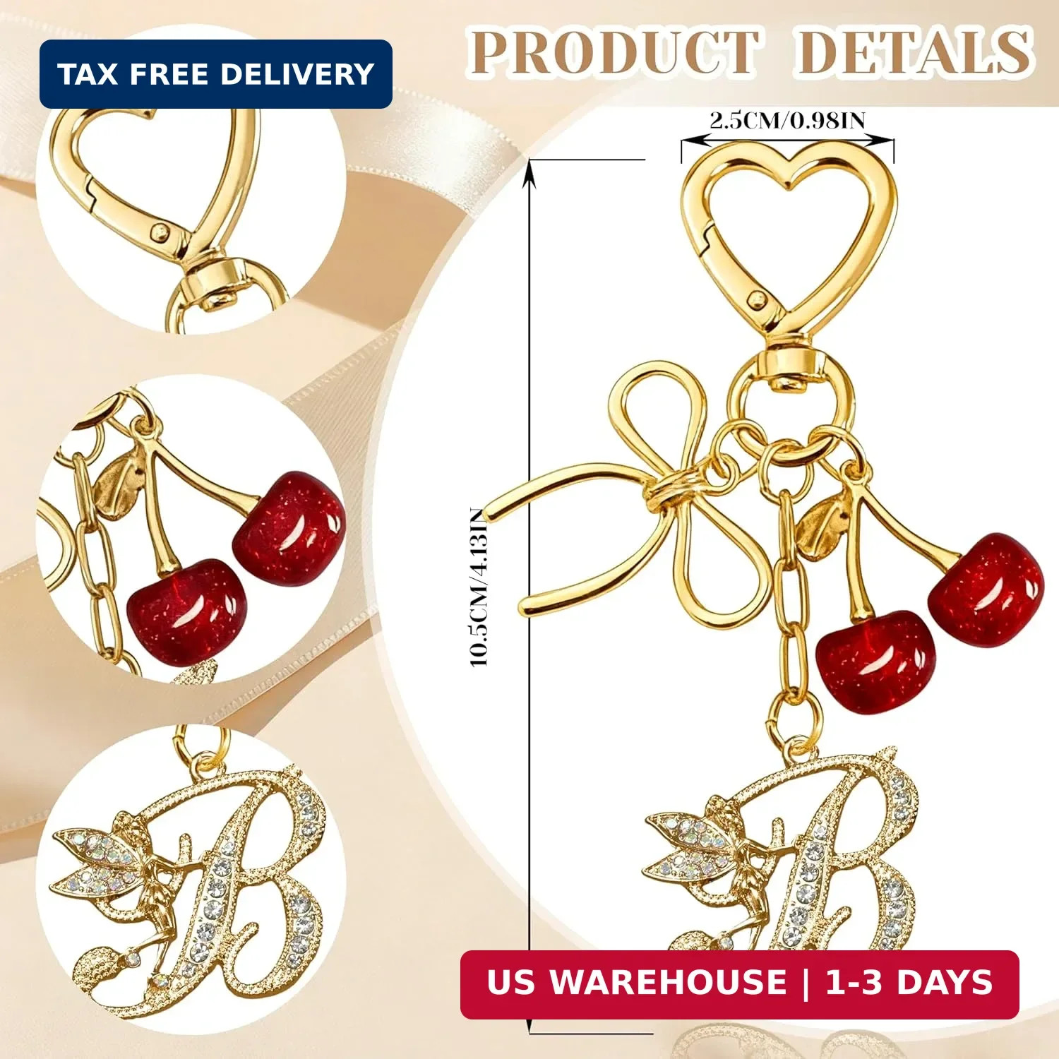 Initial Keychain with Bow and Cherry,Gold Letter Bag Charms for Women,Cute Purse