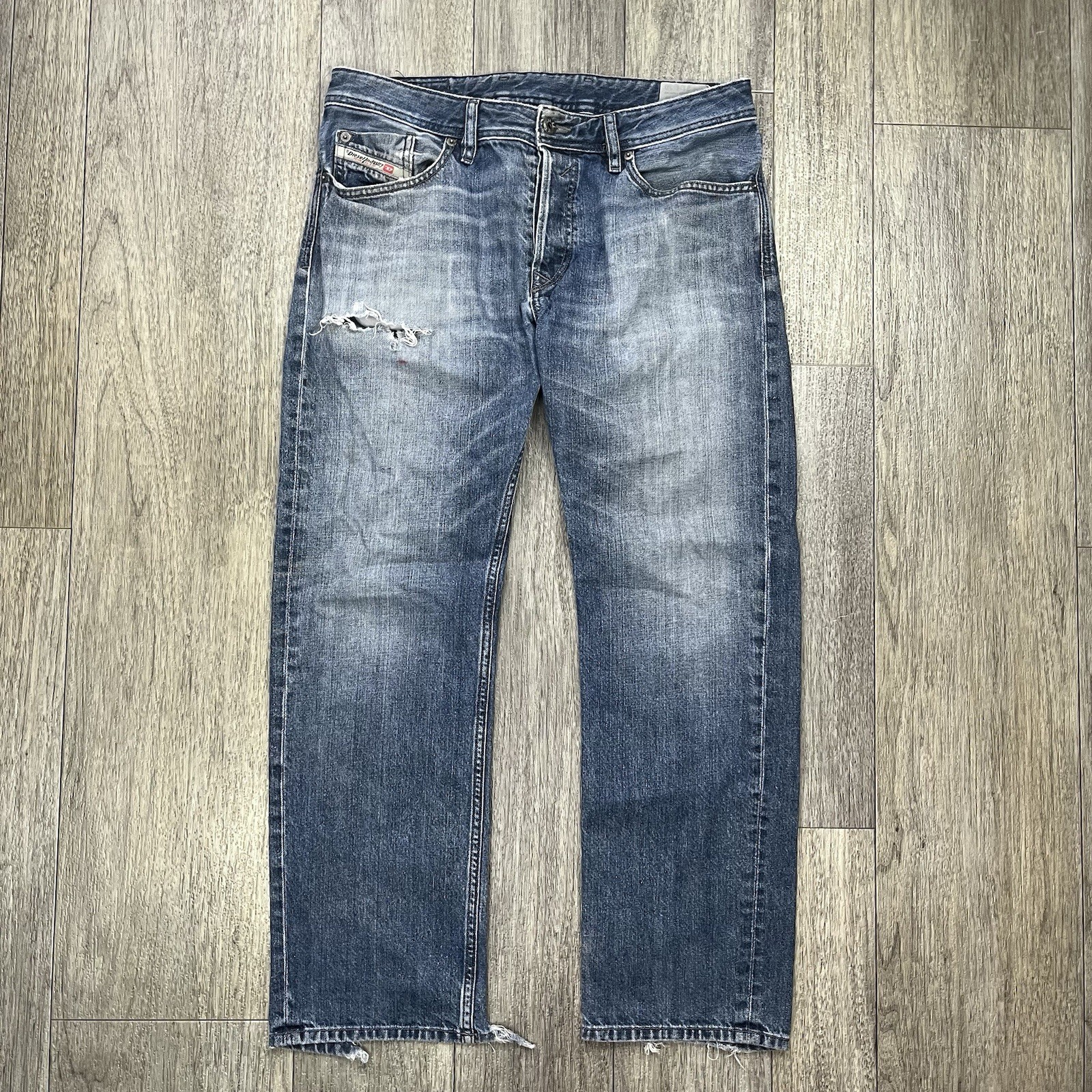 Diesel Jeans Mens 31 Blue Larkee Straight Whiskered Fade Button Fly 33×28