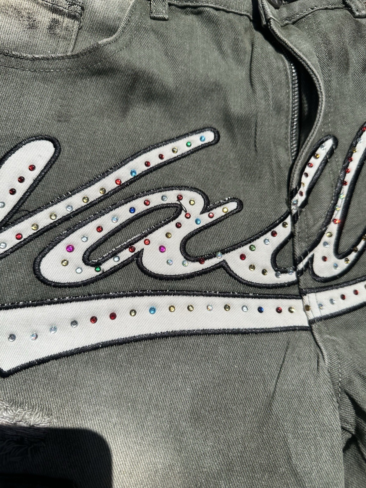 Valley Men’s Gray Light Wash Distressed Denim Shorts Rhinestone Logo