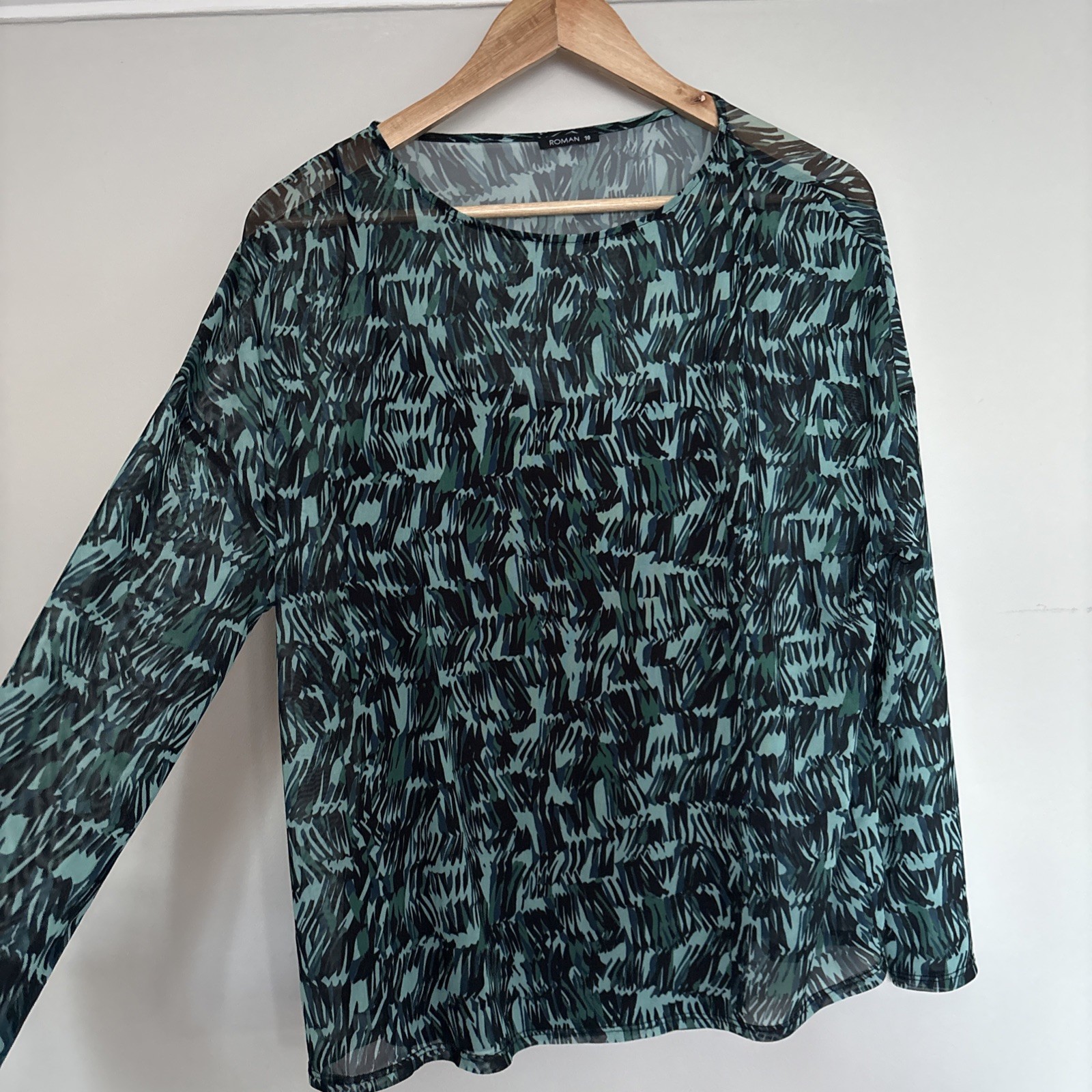 Roman Green Patterned Sheer Top & Vest UK10 Flowy Stretch Holiday Summer Blouse