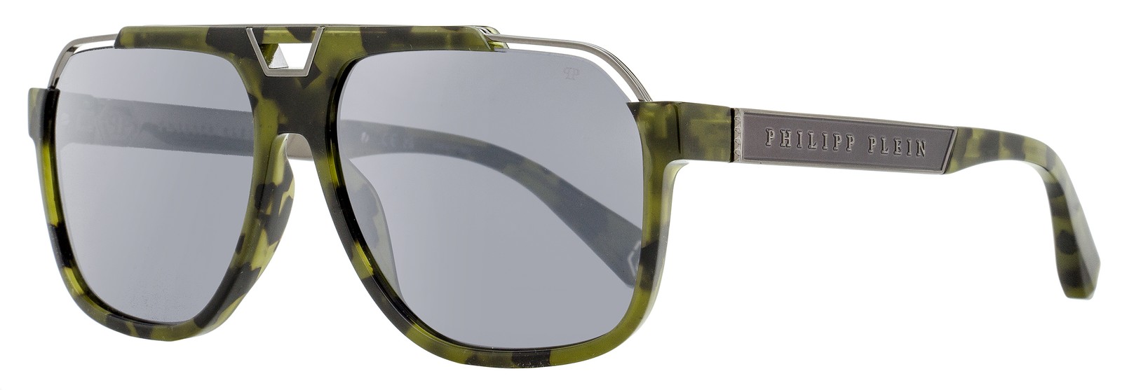 Philipp Plein Flash Navigator Sunglasses SPP046M 92IX Green Havana 61mm