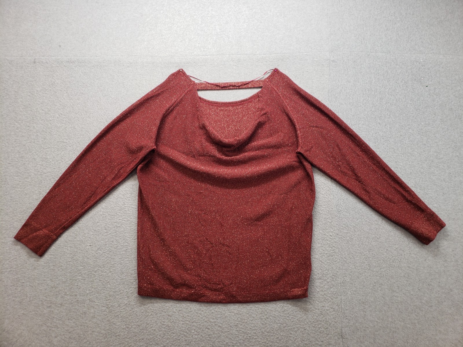A N A Women Sweater L Red Metallic Knit Long Sleeve Pullover Cutout Back Warmer