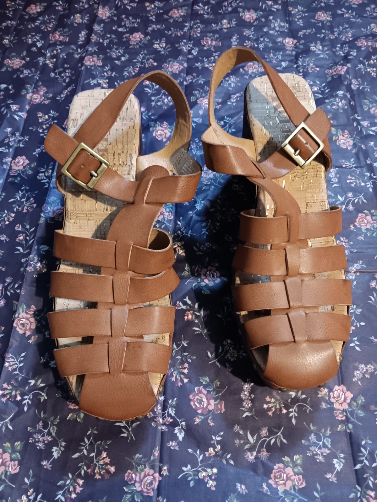 Korks Women’s Brown Strappy Ankle Strap Buckle Cork Footbed Sandals Rubber