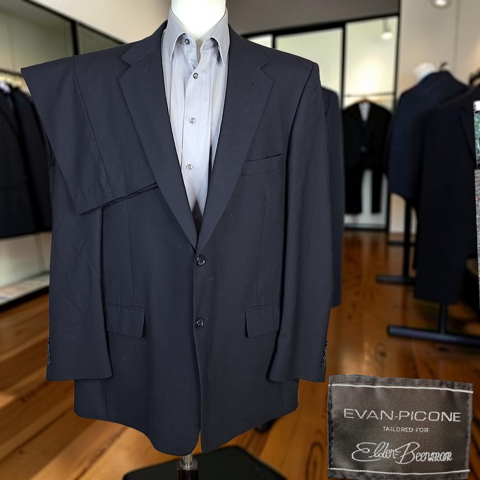 Evan Picone 2 Piece Suit Mens 50L 42X33 Black Vintage Single Vented Wool