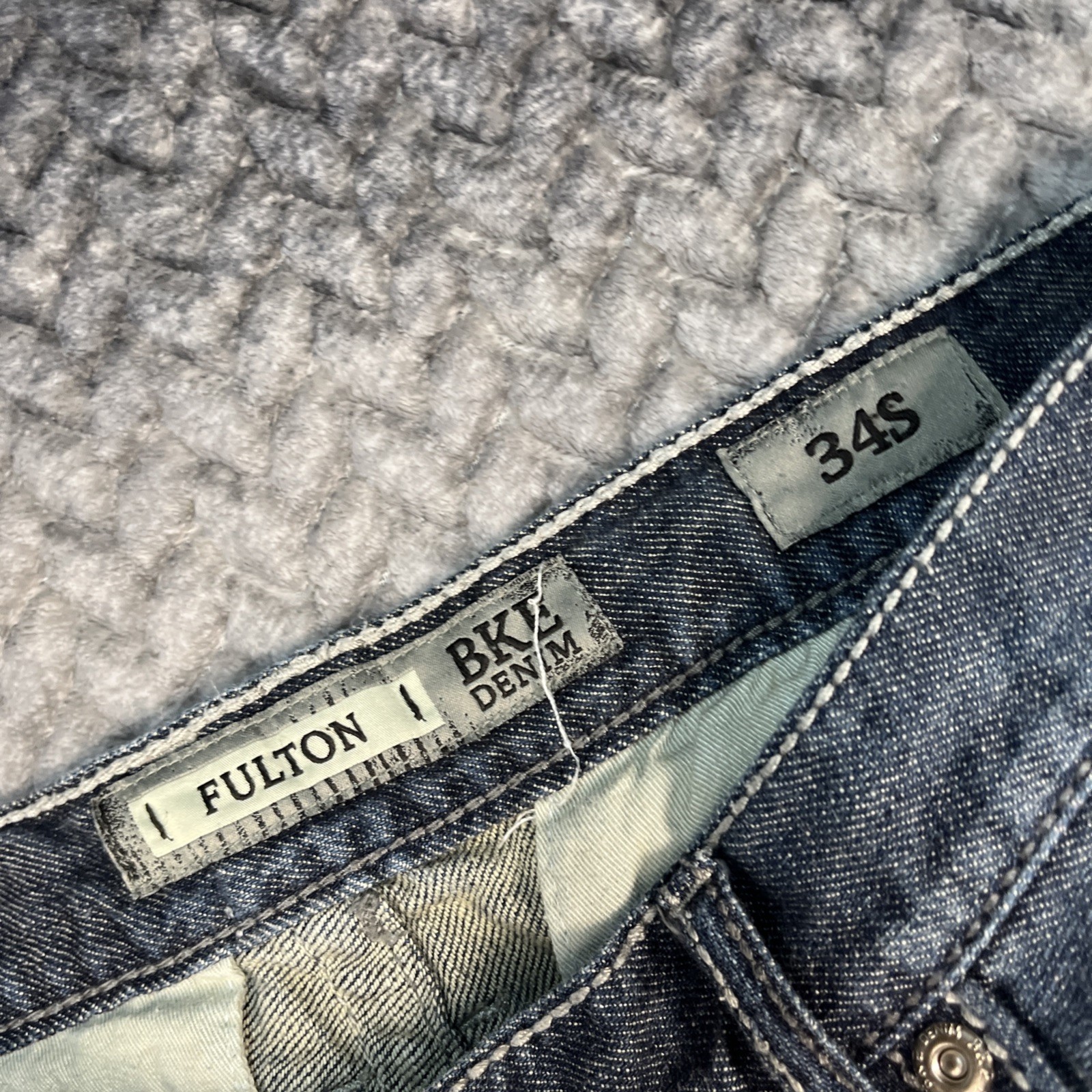 BKE Fulton Bootcut Jeans Mens 34S Blue Medium Wash Distressed Stretch 34×30″