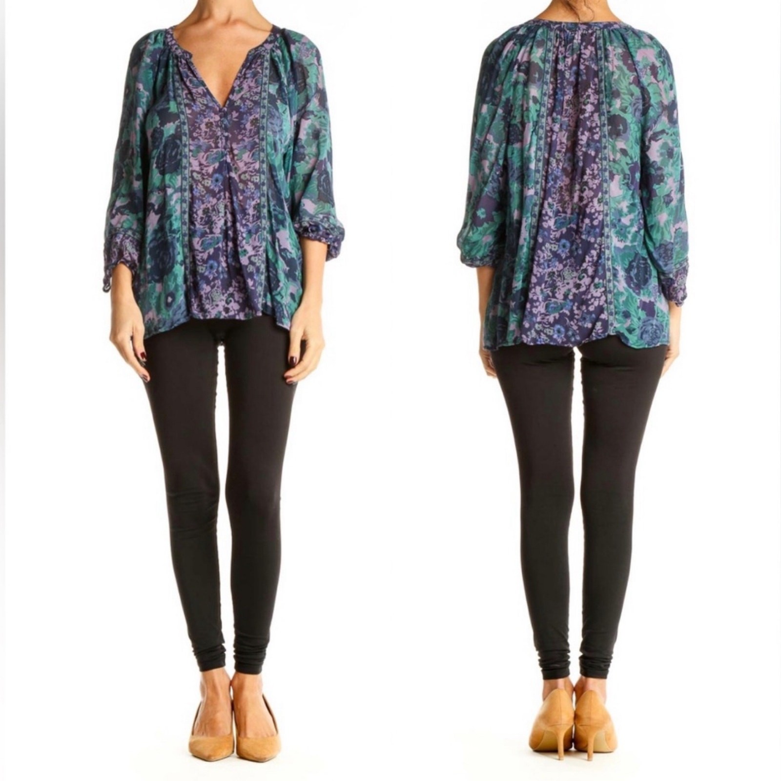 NWOT Joie Gloria Silk Sheer Blue Green Purple Floral Puff Sleeve Blouse Top XS