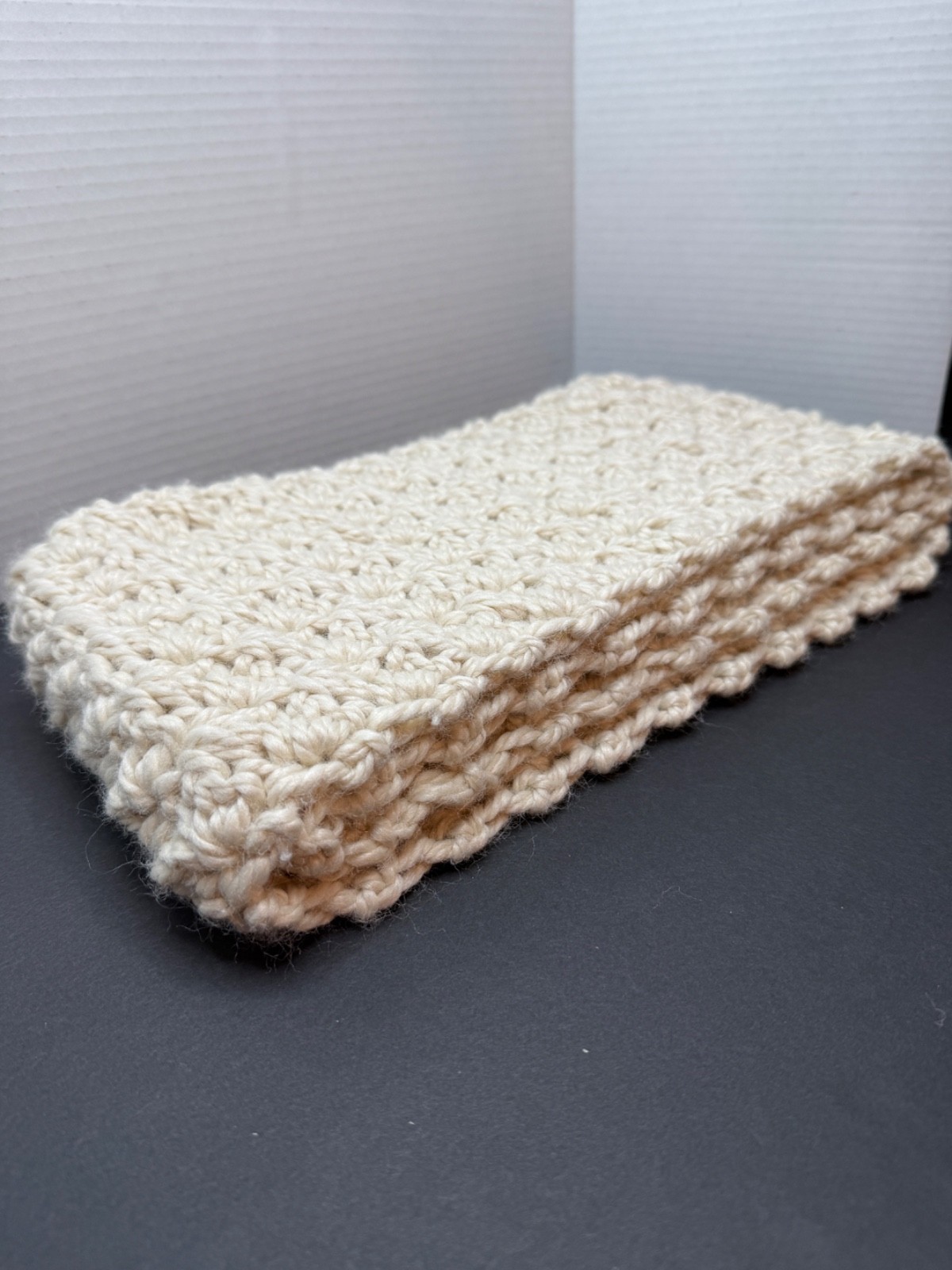 Handmade Crochet Scarf Ivory Eco-Friendly 100% Recycled Polyester Yarn – New