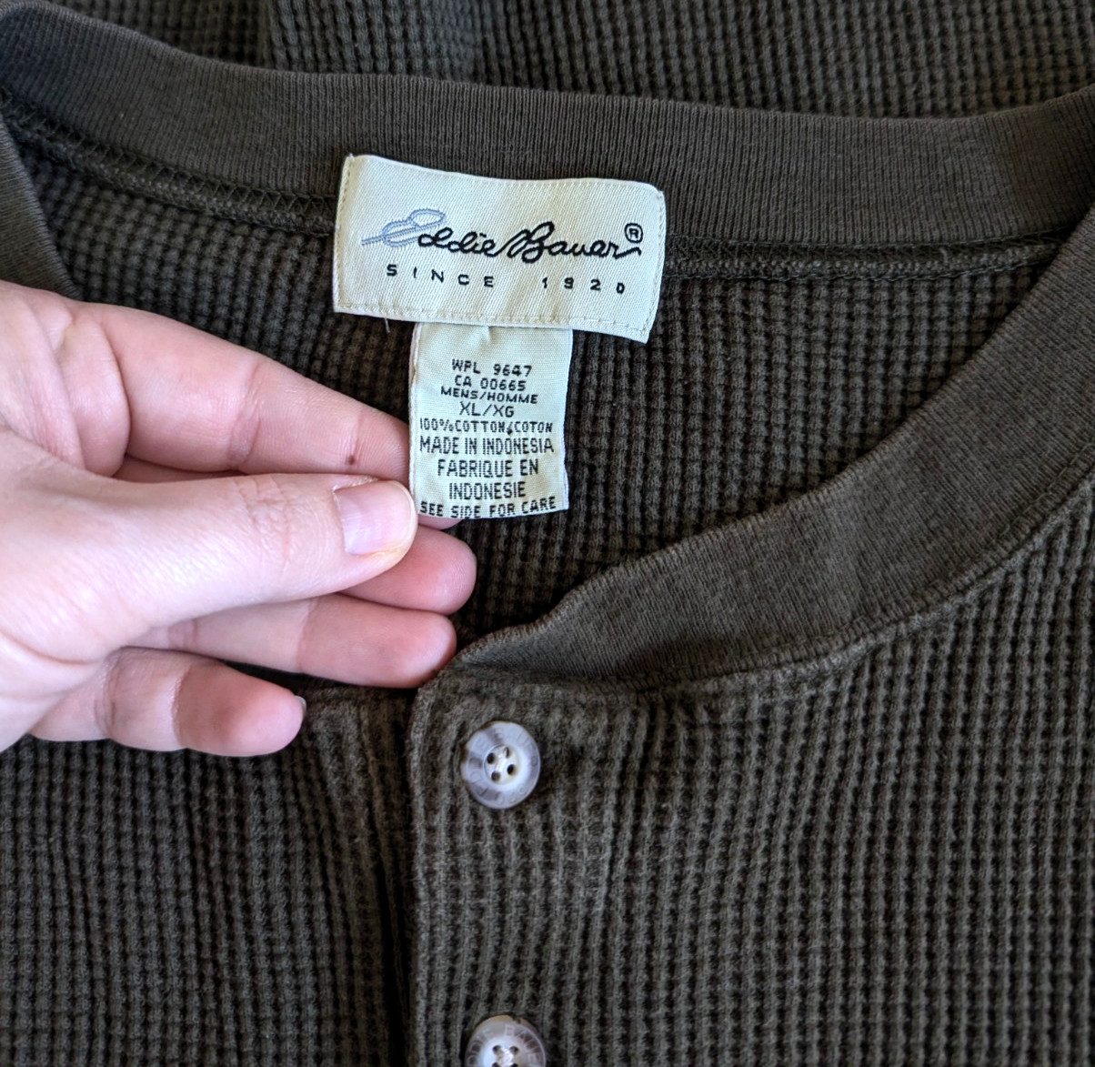 Vintage 90s Eddie Bauer Waffle Knit Henley Shirt Men’s Size XL 100% Cotton Green
